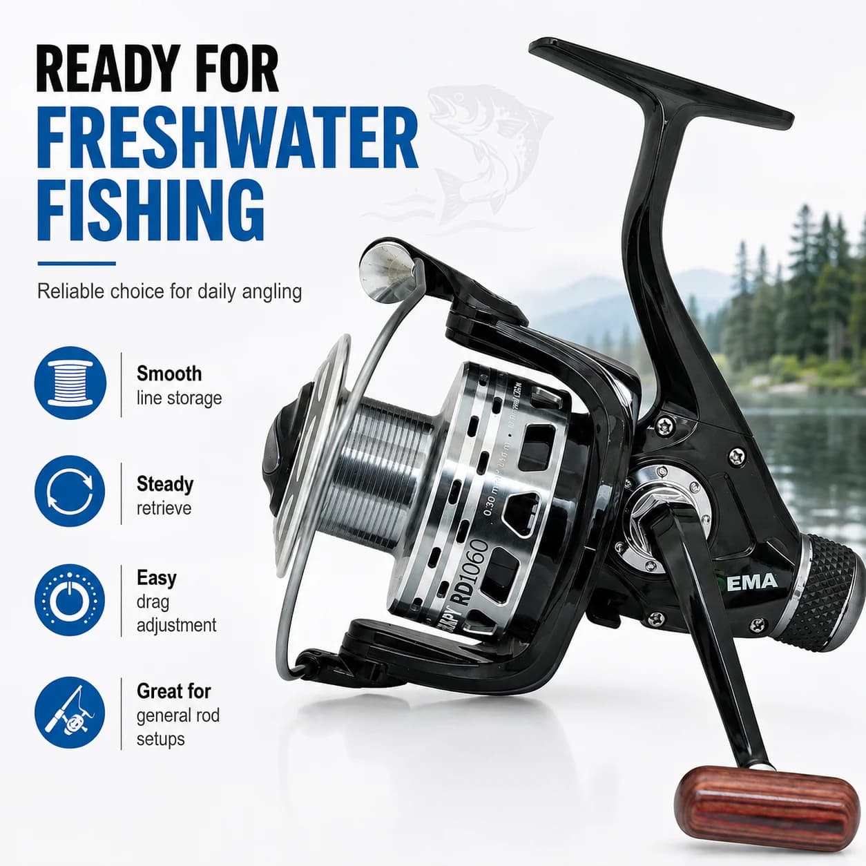 Sema Therapy RD1040 Fishing Reel with Fixed Gear Ratio and Large Spool, Smooth Line Retrieval and Reliable Drag System for Carp Fishing, Freshwater Angling, Lakes River Pond and Outdoor Fishing Tackle