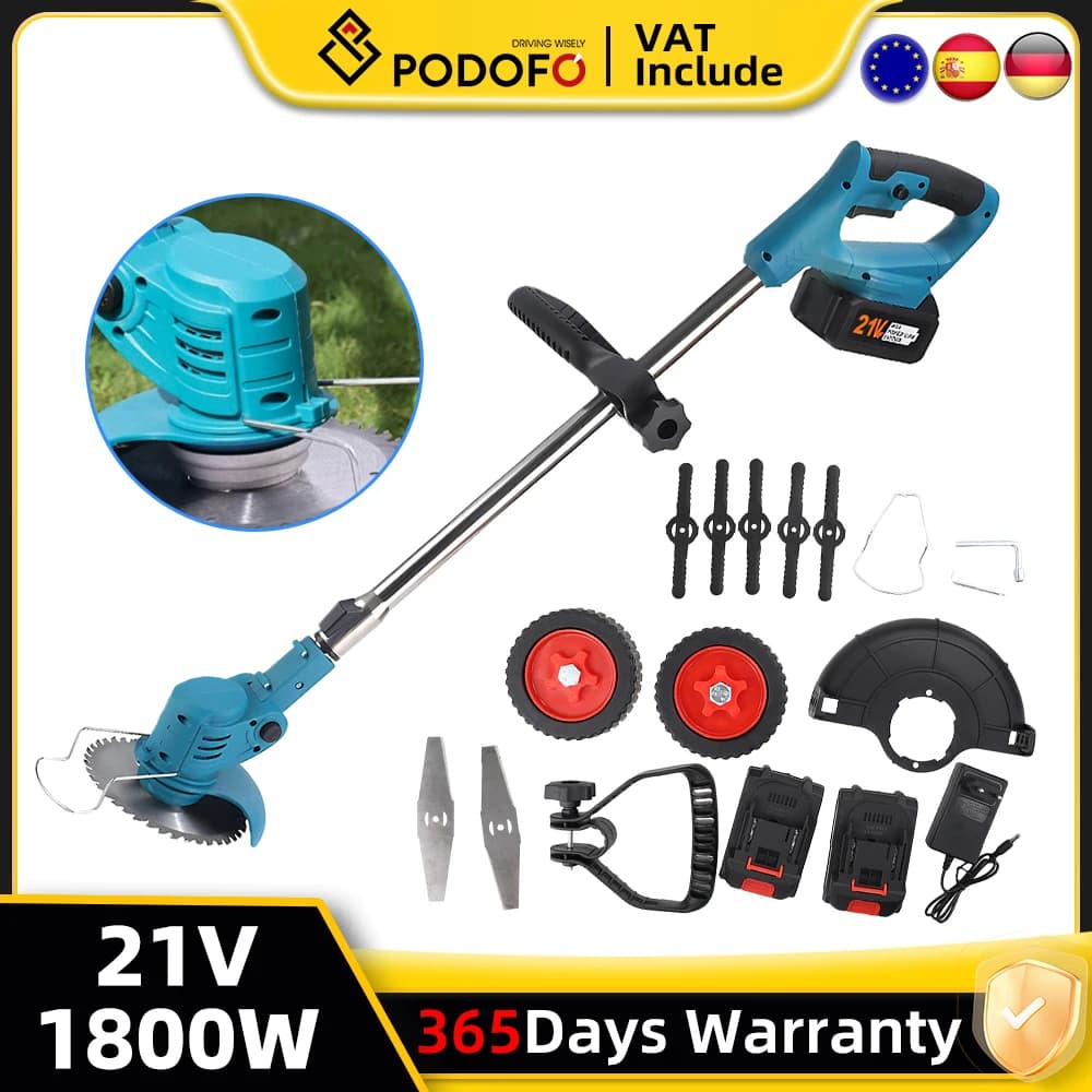Podofo 21V Cordless Grass Trimmer Electric Lawn Edger String Trimmer with Telescopic Shaft 95-135cm Household Garden Cutter Tool