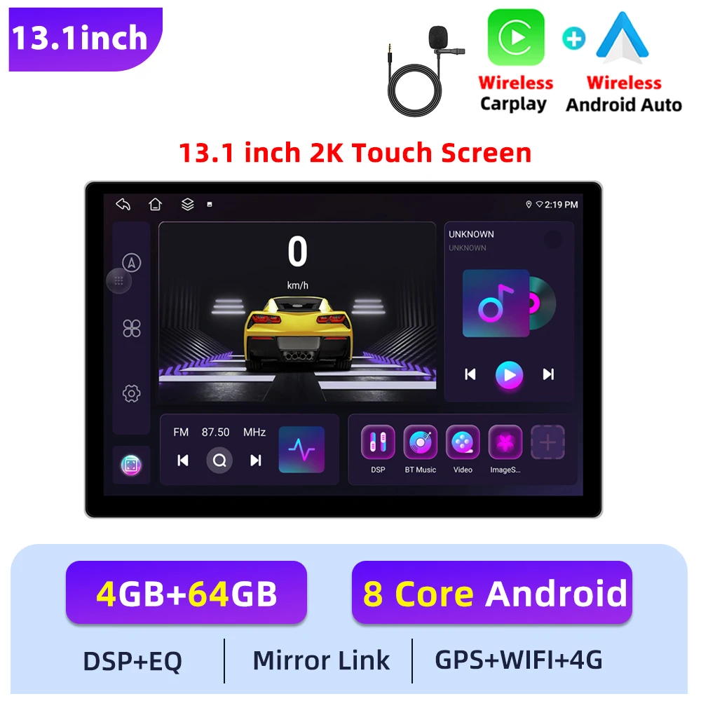 Podofo 13.1" Android 8 Core Car Multimedia Player GPS Navigation BT  Wireless Carplay Android Auto DSP FM Audio WIFI 4G