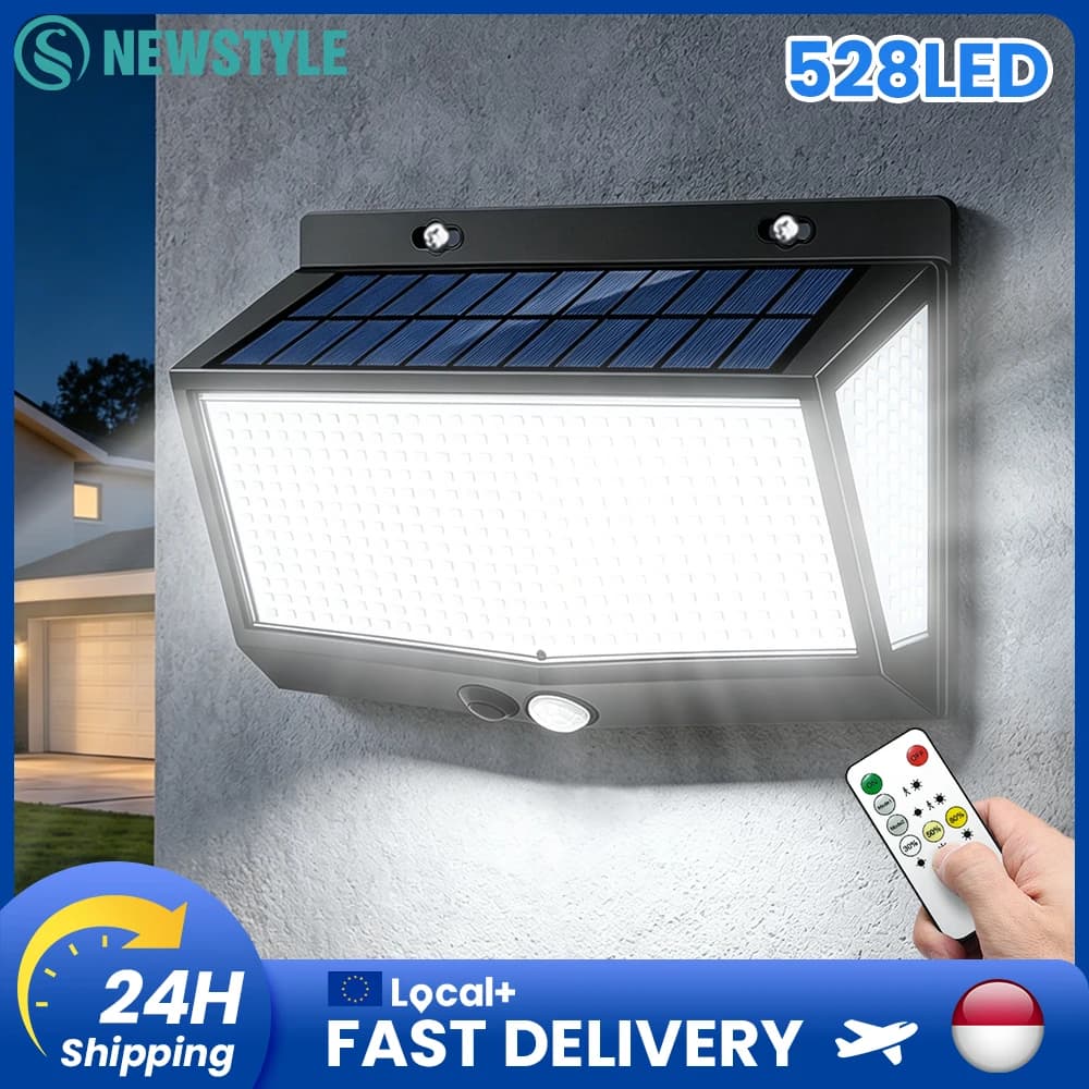 Solar Outdoor Lights 528LED Solar Wall Light with Motion Sensor 1500LM 5 Lighting Modes 270° Lighting Angle IP65 Waterproof Remote Control Security Lights 1800 MA Solar-powered Rechargeable Battery Energy-efficient Light for Outdoors Gardens Walls Porches