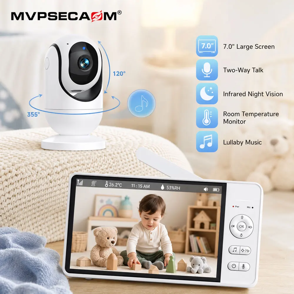 7 Inch LCD Baby Monitor Camera Set Wireless Video Baby Care System Infrared Night Vision Two Way Audio Room Temperature Sensor Lullaby Music PTZ Baby Camera Portable Screen for Bedroom Nursery Travel Use