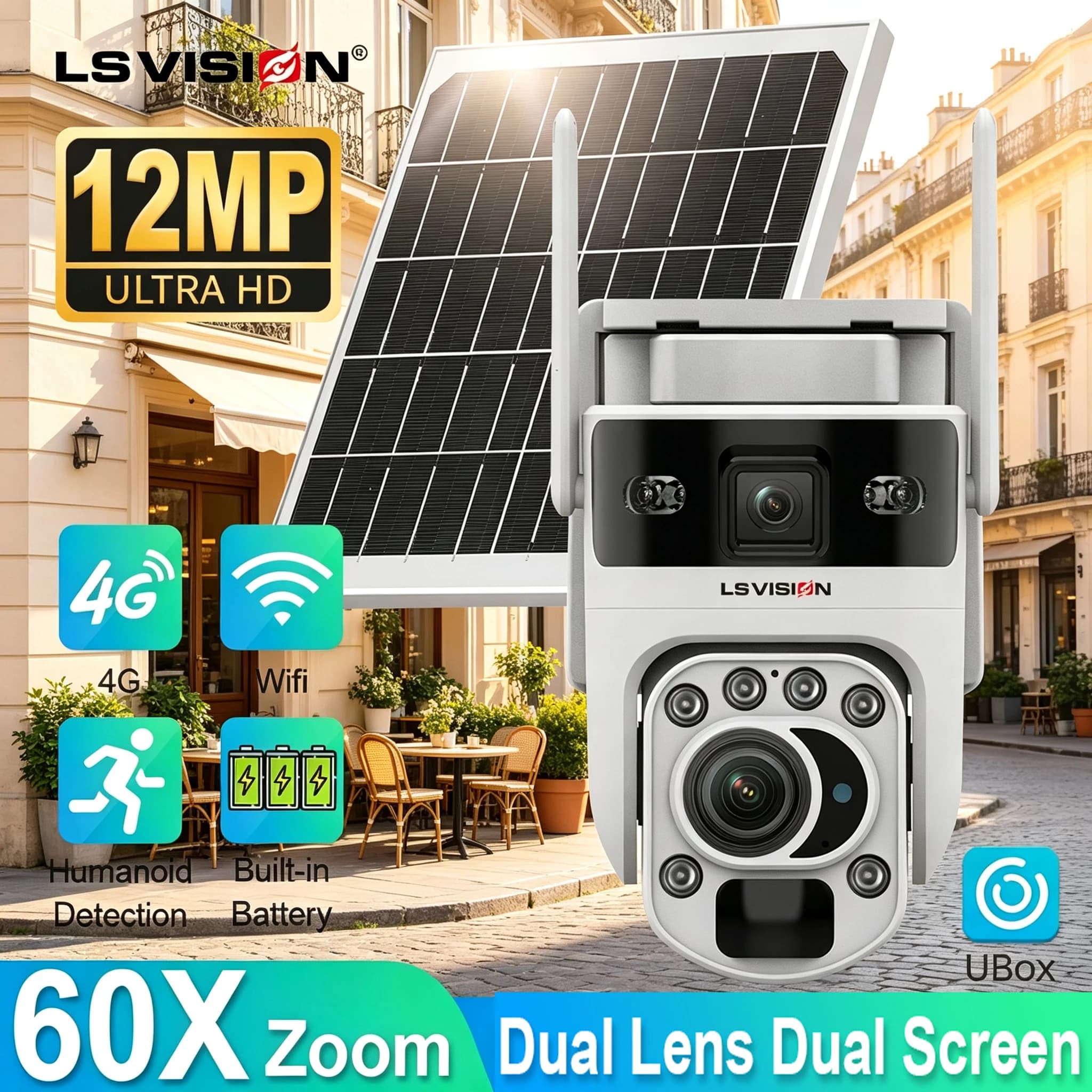 LS VISION 60X Zoom Outdoor Security Camera Wifi or 4G Sim Home Surveillance Cameras Wireless Cctv Built-in 10050mAh Batteries PIR +Ai Humanoid Detection Dual-video Linkage Positioning Auto Tracking Cam Ubox APP