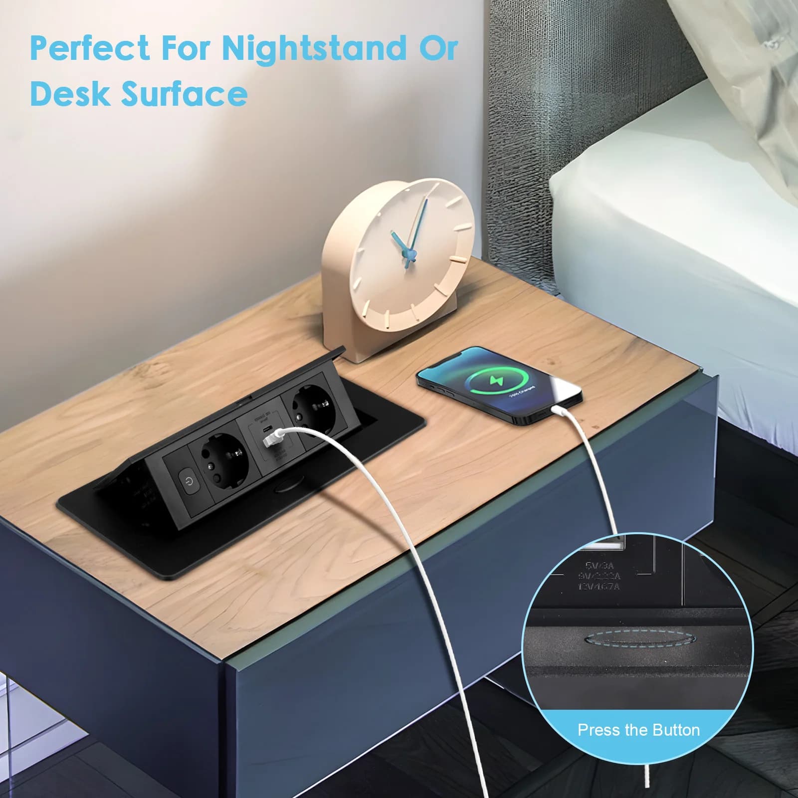 Retractable Recessed Power Strip with USB, Black Desk Multi-Socket Tower, Recessed Multiple Socket For Kitchen Extension Cord