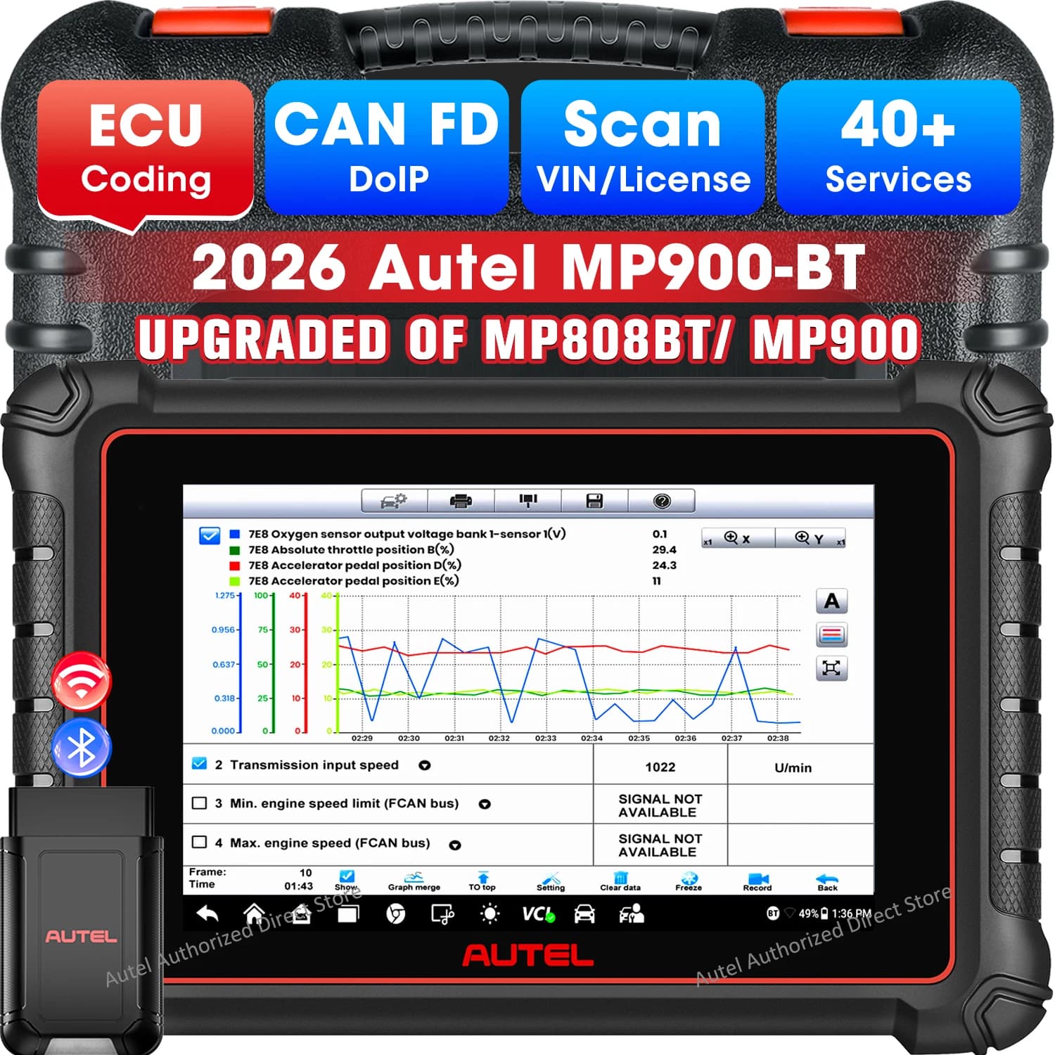 Autel MaxiPRO MP900BT Automotive Diagnostic Tool 8-inch OBD2 Scanner ECU Coding Tool CANFD DoIP Bidirectional Scanner PK MK900BT