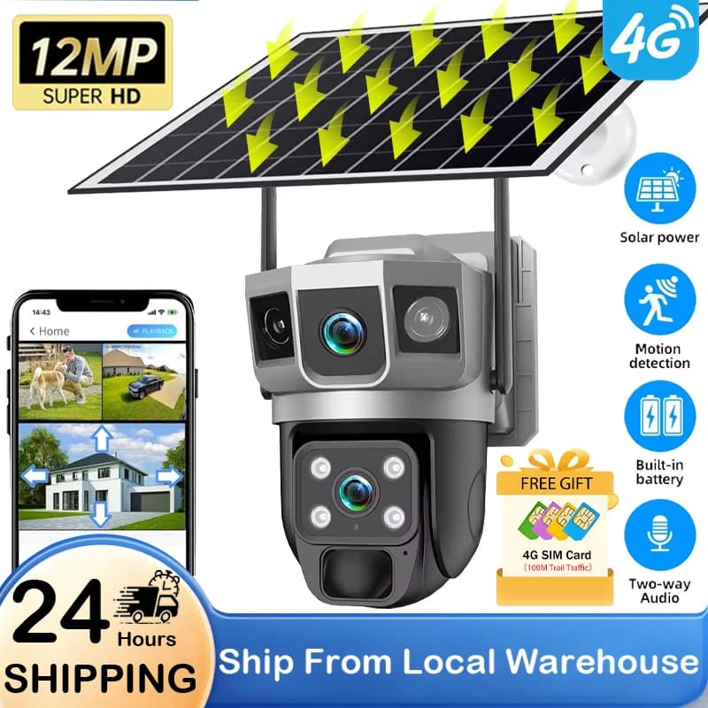 12MP 4G Sim Card Solar Camera Outdoor Dual Lens Three Screen Security Monitor PIR Humanoid Track Battery CCTV Video Surveillance