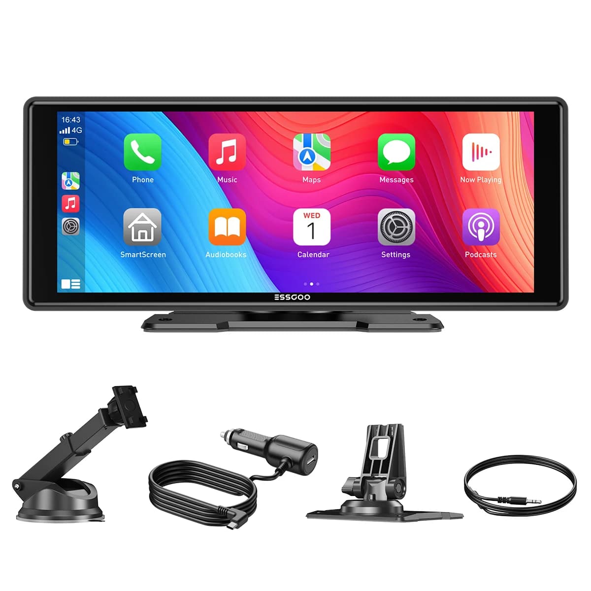 ESSGOO 10.26" Universal Portable Dash Cam Wireless CarPlay Android Auto 1600*600 HD Display GPS Nav Mirror Link FM USB BT AUX TF