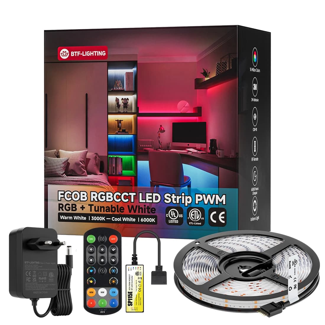 FCOB RGBCCT LED Light Strip Kit 2.4G RF Remote Control DC24V 2A Power Kit 6Pin 840LEDs RGB CW WW FOB Flexible Light Tape