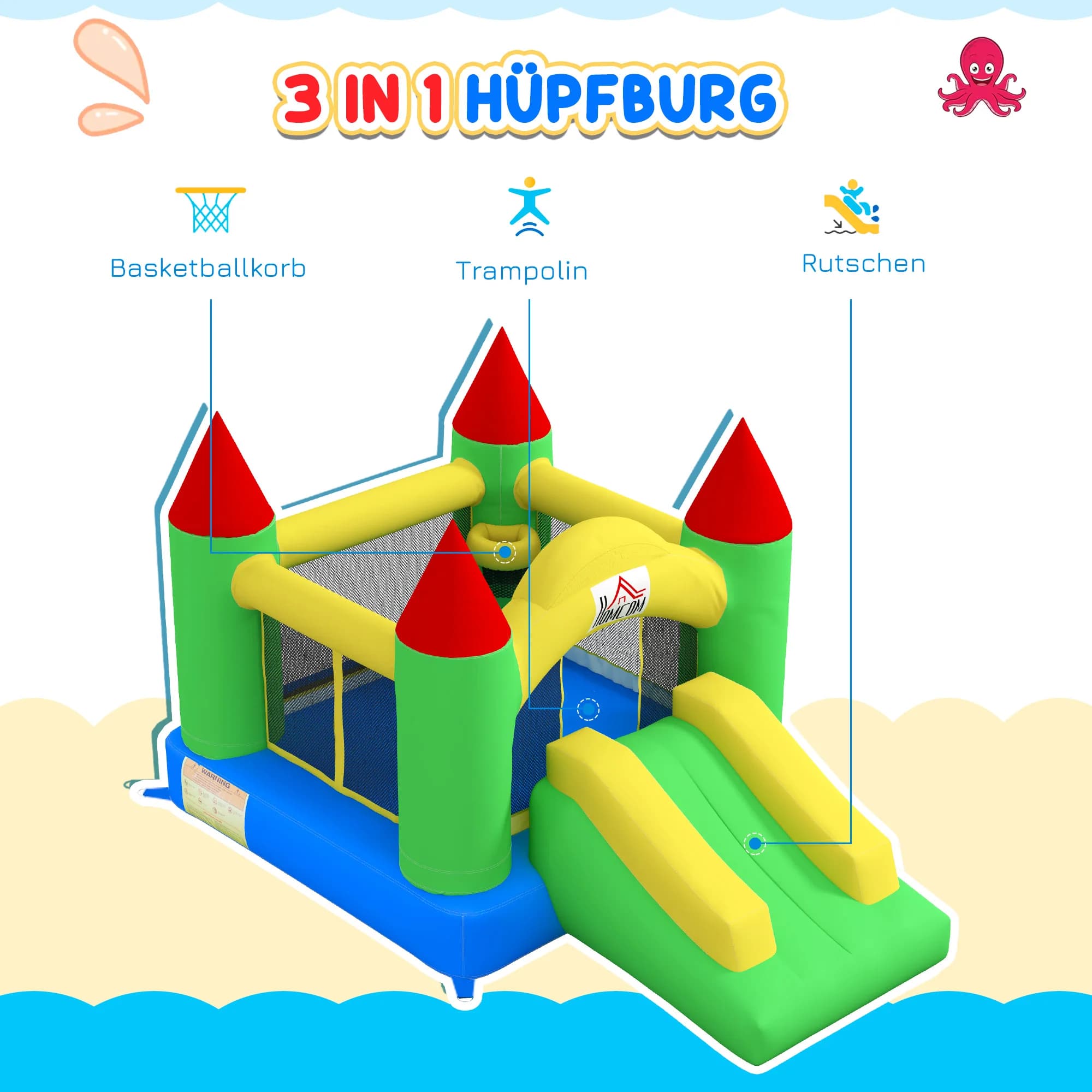 Inflatable castle for children with a slide and safety net, up to 100 kg, ages 3–10, 300x180x160 cm, inflatable toys for children, outdoor inflatable toys, inflatable toys