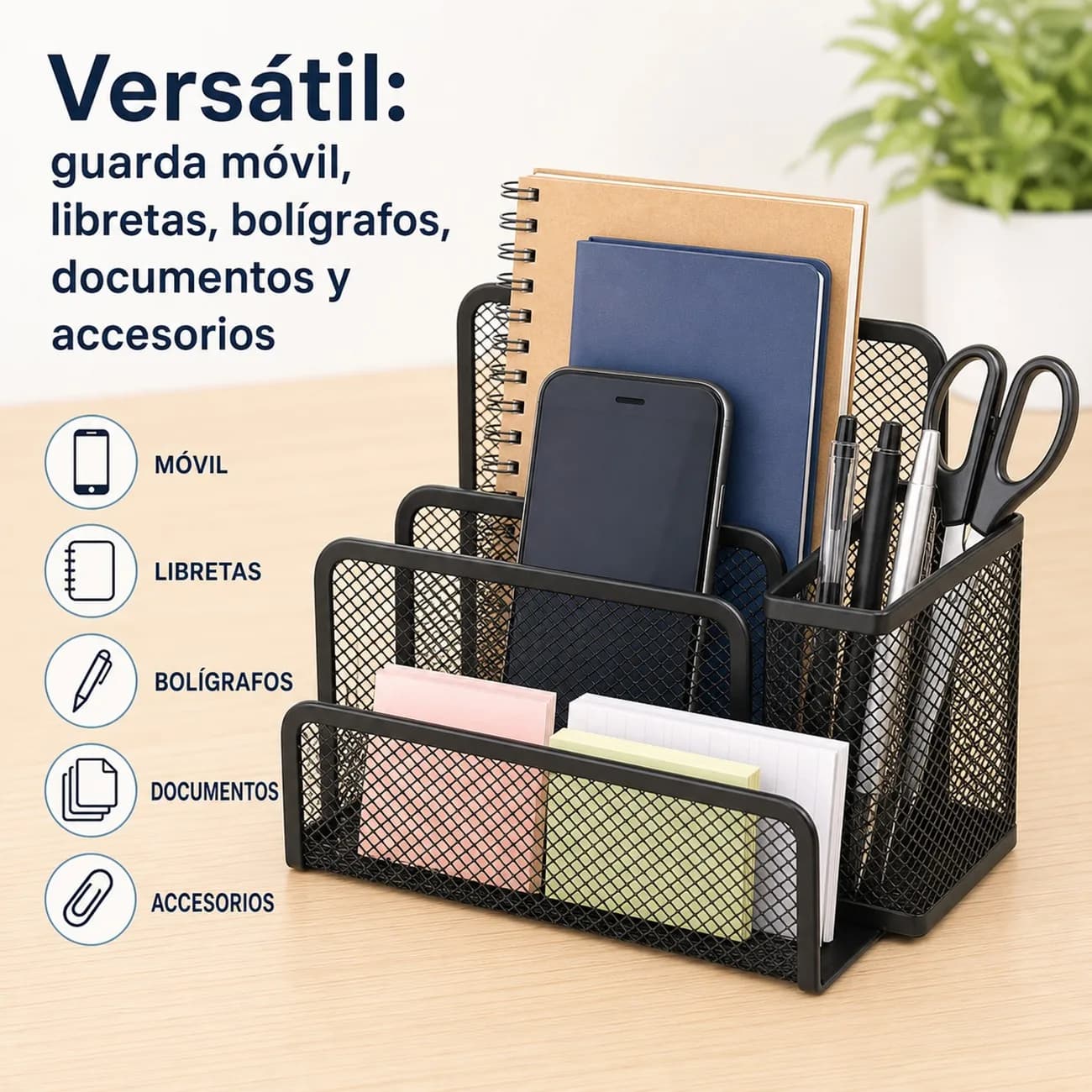 Multi-Purpose Iron Mesh Desk Organizer, Holder for Pens, Documents and Mobile Phone, Sturdy Office Organizer with Compartments, 17.4x13x8.3cm