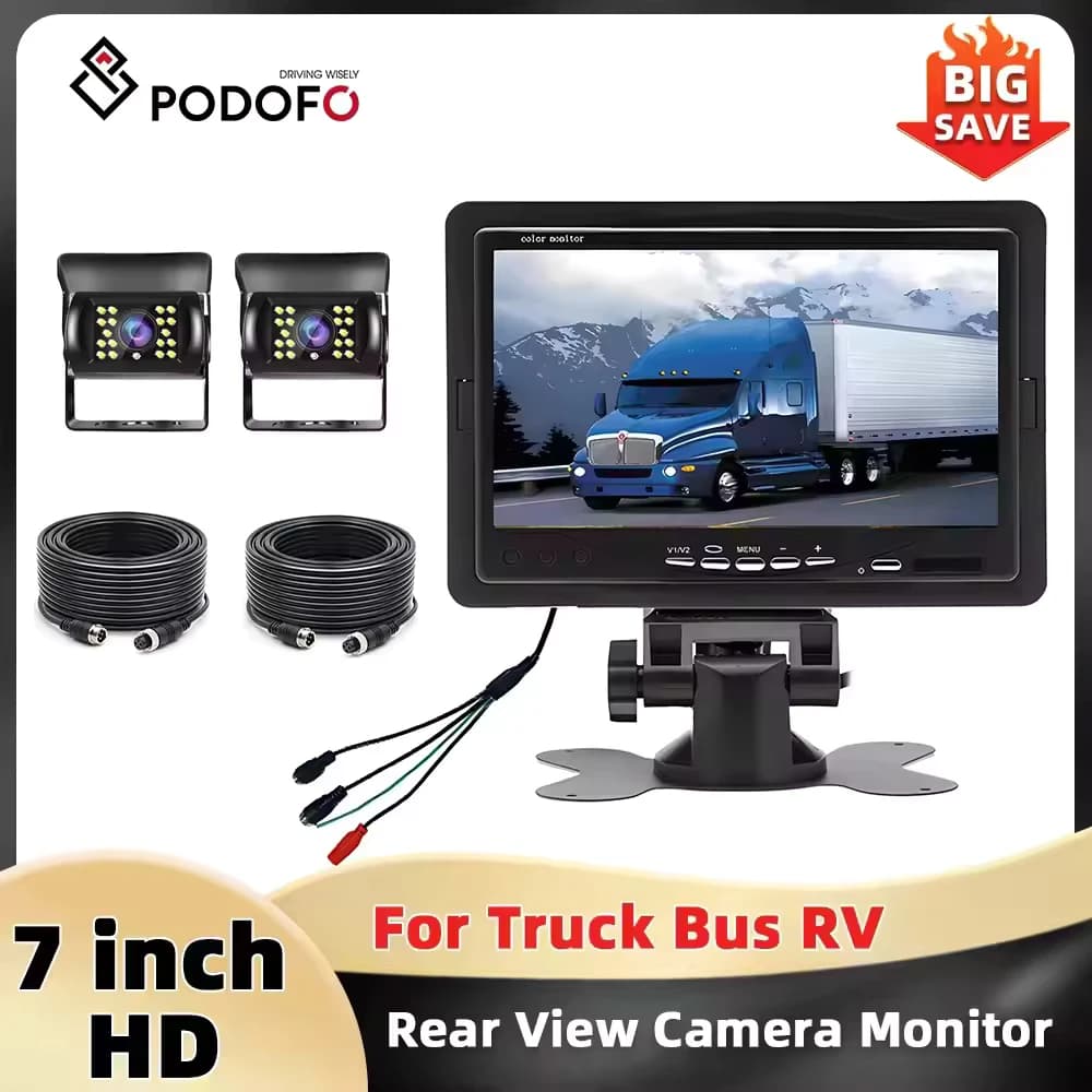 Podofo Car Back-Up Monitor 7 ''TFT LCD Car Monitor Car Reversing Camera Waterproof IR Night Vision 12V-24V for Truck Bus Van