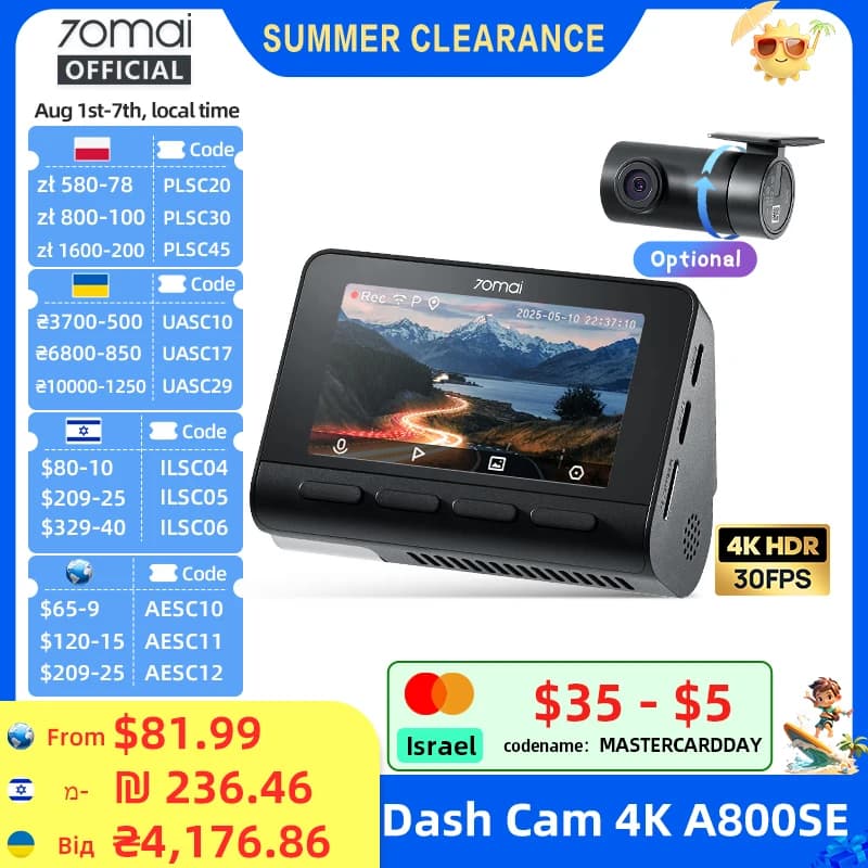 70mai 4K Dash Cam A800SE Upgraded Version of 70mai A800S Voice Control Supercapatior GPS ADAS Car DVR 70mai A800SE UHD Wifi 6
