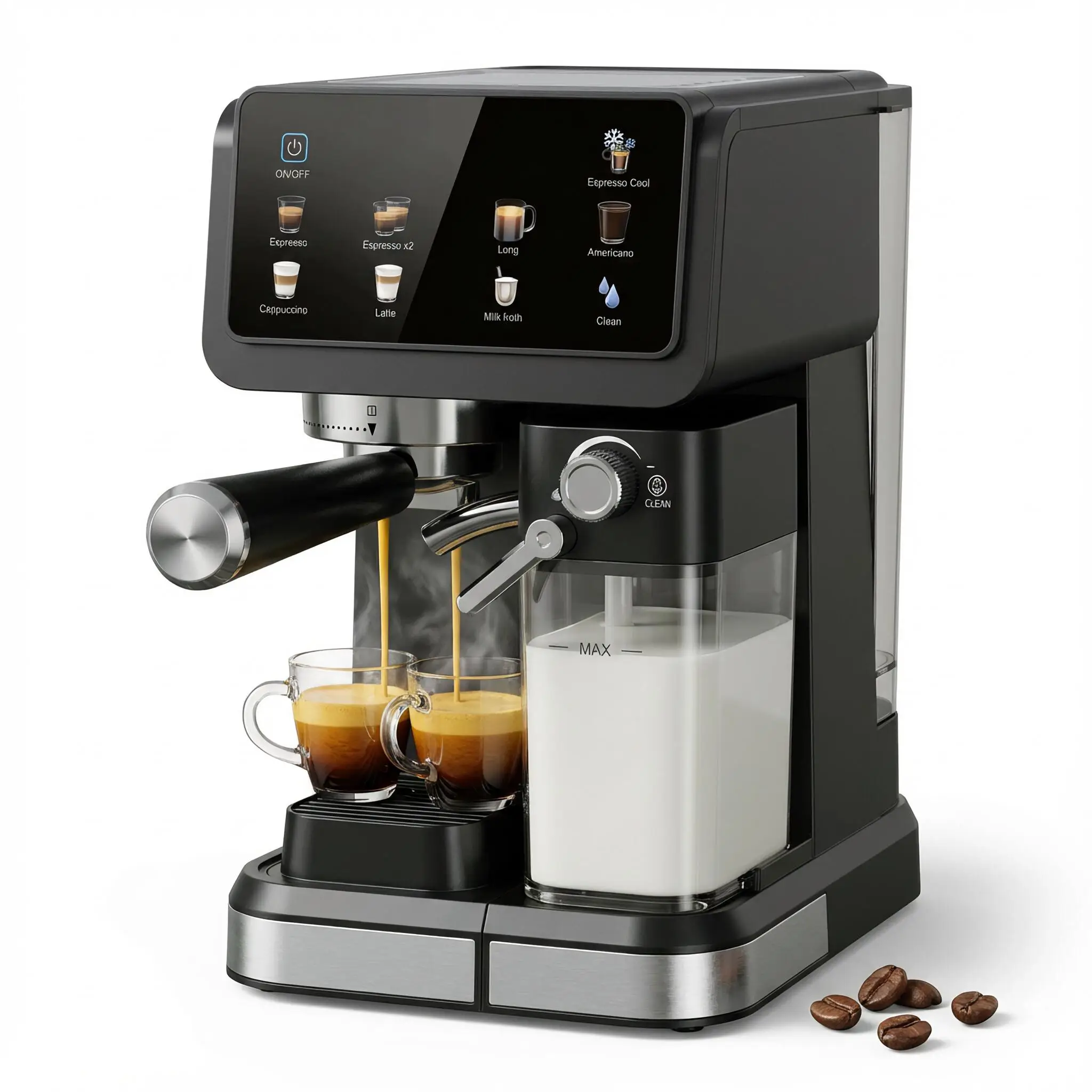Automatic Espresso Coffee Machine 20Bar Milk Frother Touch Screen Pre-Infusion Latte Cappuccino Maker 6 Modes