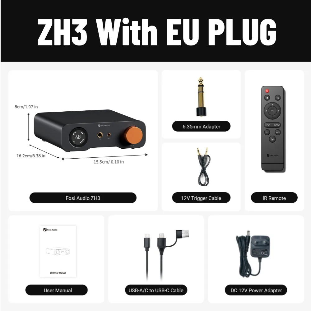 Fosi Audio ZH3 HIFI Headphone Amplifier AKM4493SEQ Desktop DAC Fully Balanced Preamp with Remote 12V Trigger Input