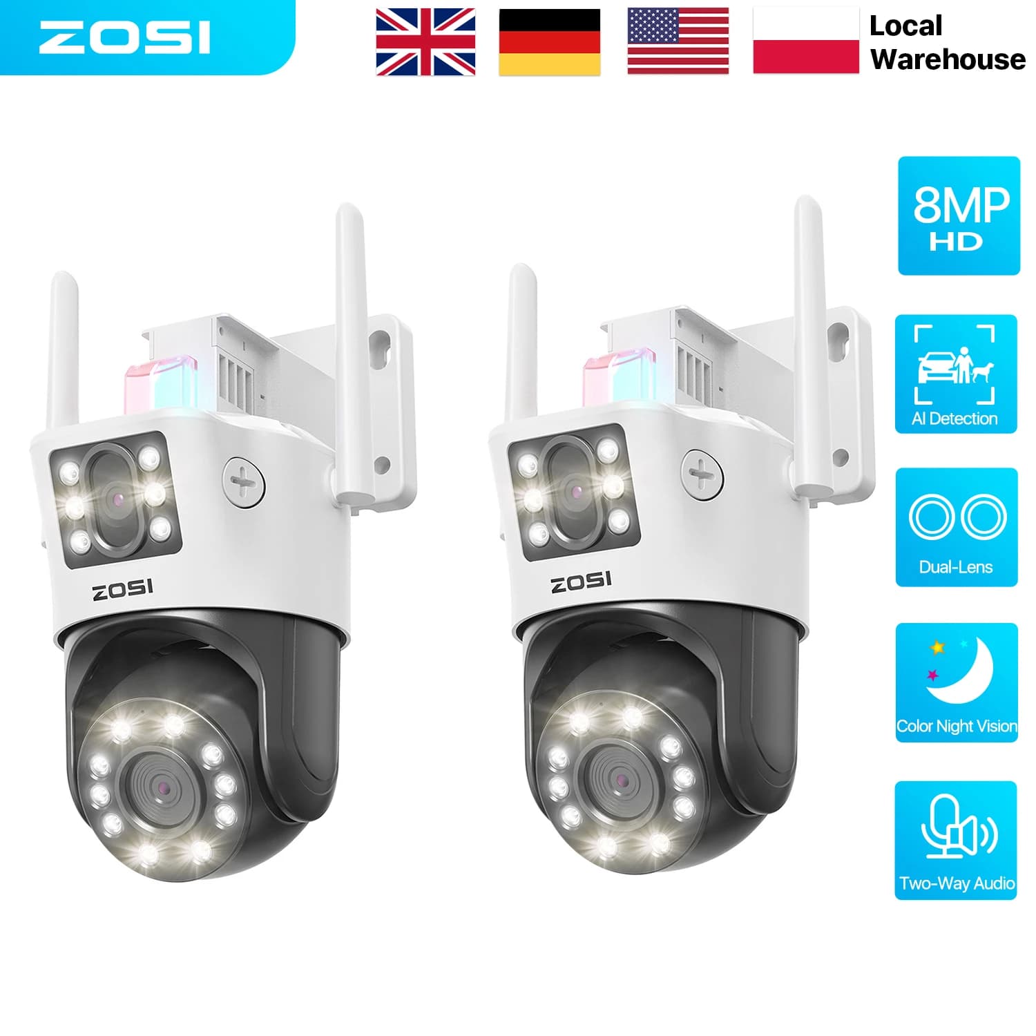 ZOSI C298 Max 4K Dual-Lens(2x4MP) WiFi PTZ Security Camera Outdoor Ultra-Wide Angle 8X Hybrid Zoom Face/Car Detect 8MP IP Cam