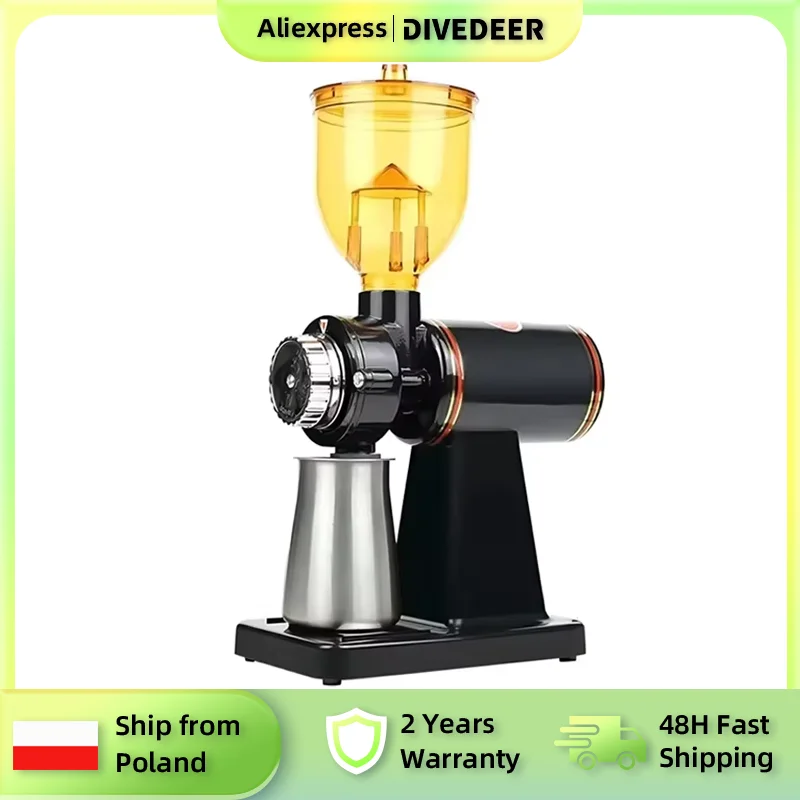 DIVEDEER Electric Coffee Grinder Stainless Steel Body 8 Adjustable Grinding Settings Flat Burr for Precise Coffee Grinding