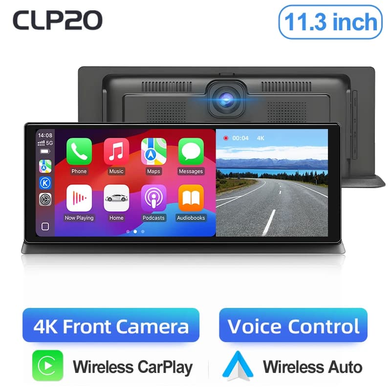 Junsun 11.3 Inch 4K Car DVR Wireless CarPlay Android Auto Dash Cam Dashboard Dual Lens Video Recorder GPS Navigation Screen FM