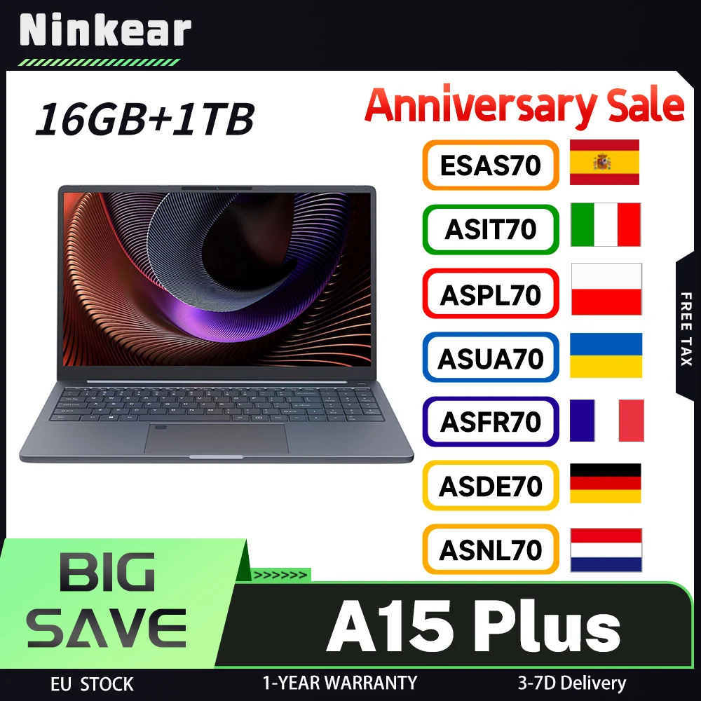 Ninkear A15 Plus Laptop, AMD Ryzen 7 5825U 8 Cores Max 4.5GHz, 15.6 inch 1920*1080 60Hz Screen, 16GB RAM 1TB SSD, WiFi 6