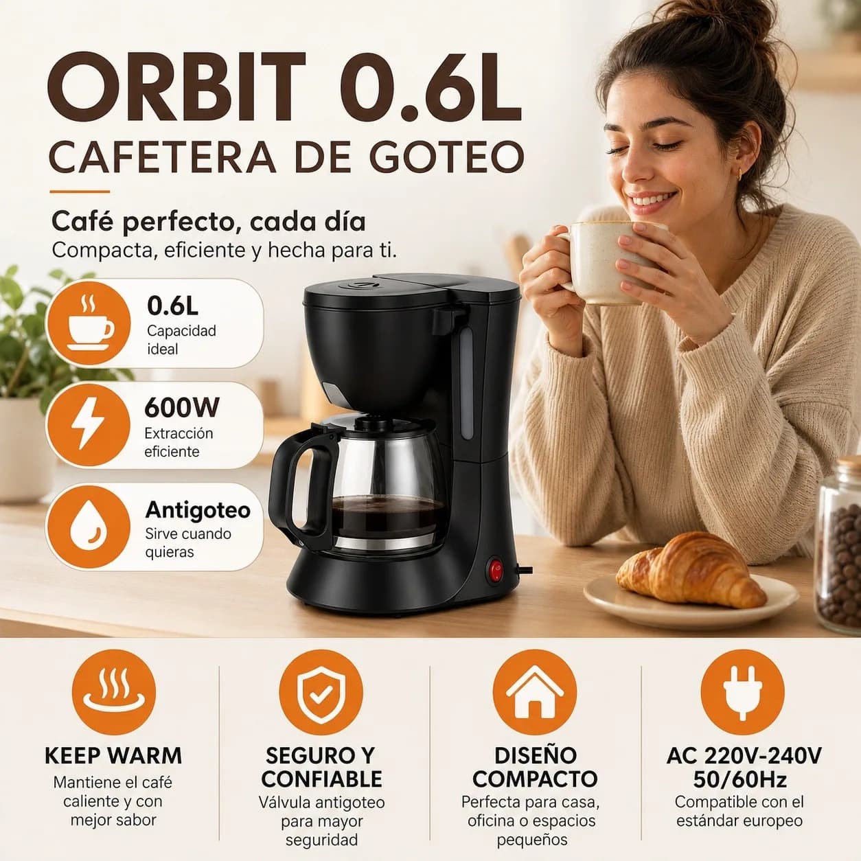 Orbit Electric Drip Coffee Maker 0.6L 600W, Compact Coffee Machine with Reusable Washable Filter, Drip-Stop System and Keep Warm Function for Keeping Warm