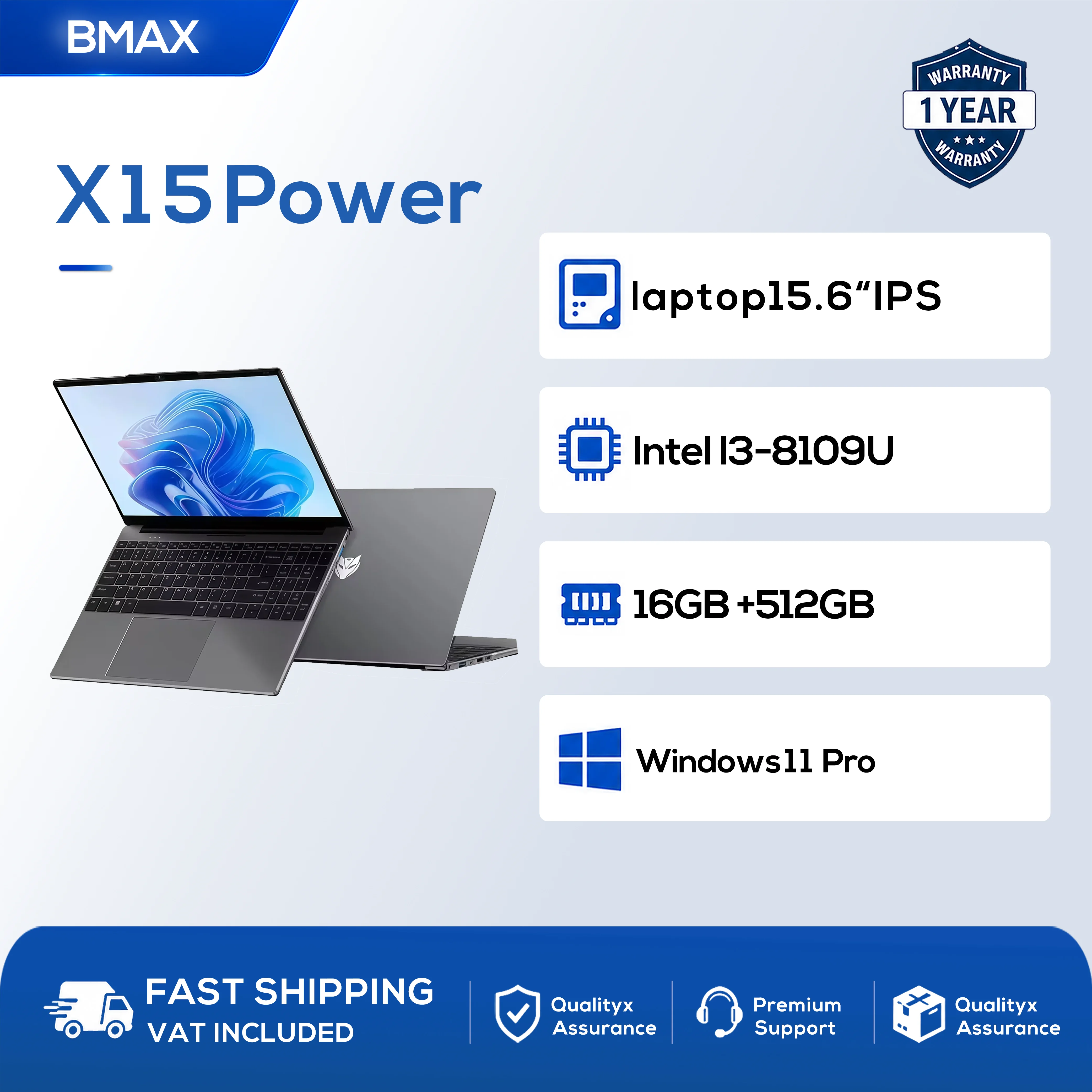 BMAX X15 Power Laptop 15.6 Inch 16GB RAM 512GB SSD Intel I3-8109U Windows 11 Notebook 1920*1080 HDMI Wifi USB PC