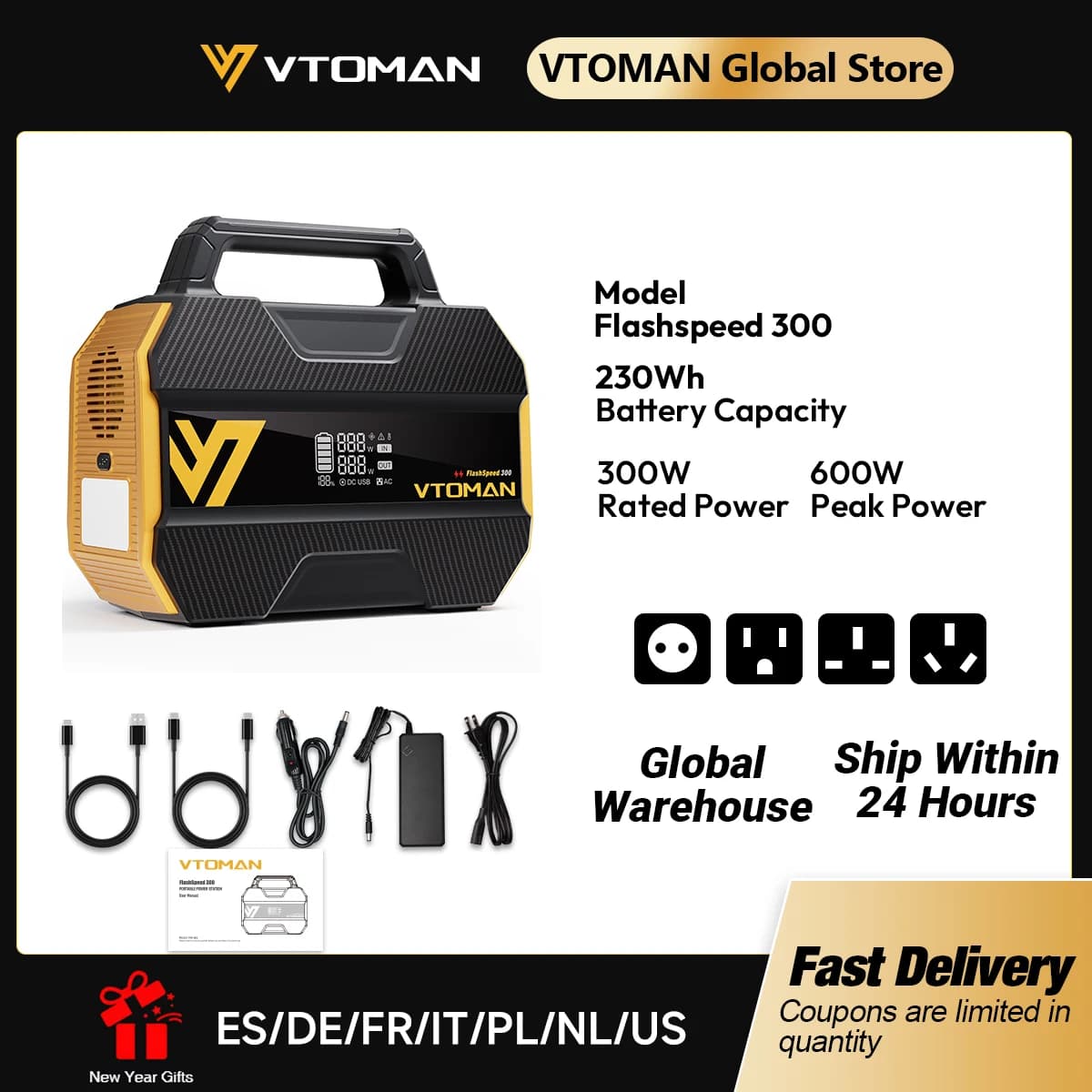 VTOMAN FlashSpeed 300 Portable Power Station 230Wh/70000mAh LiFeP04 Battery For Outdoor Camping Tent Travel Home Energy Power
