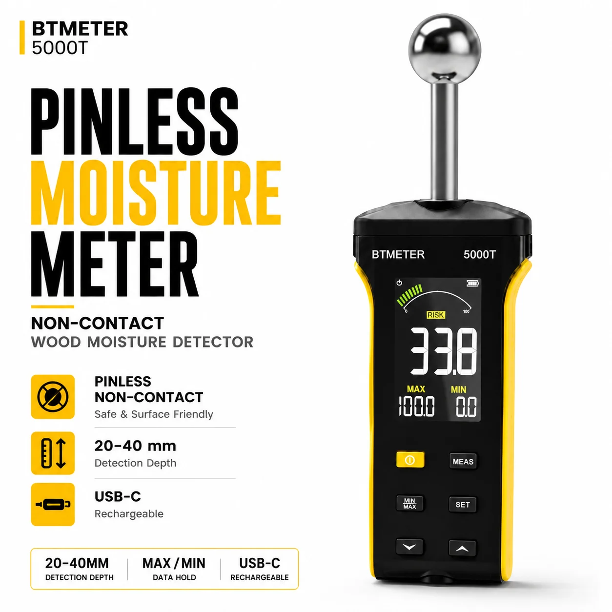 BTMETER Wood Moisture Meter - Pinless Moisture Detector Non-Destructive Moisture Tester for Wood Firewood Wall Drywall Flooring