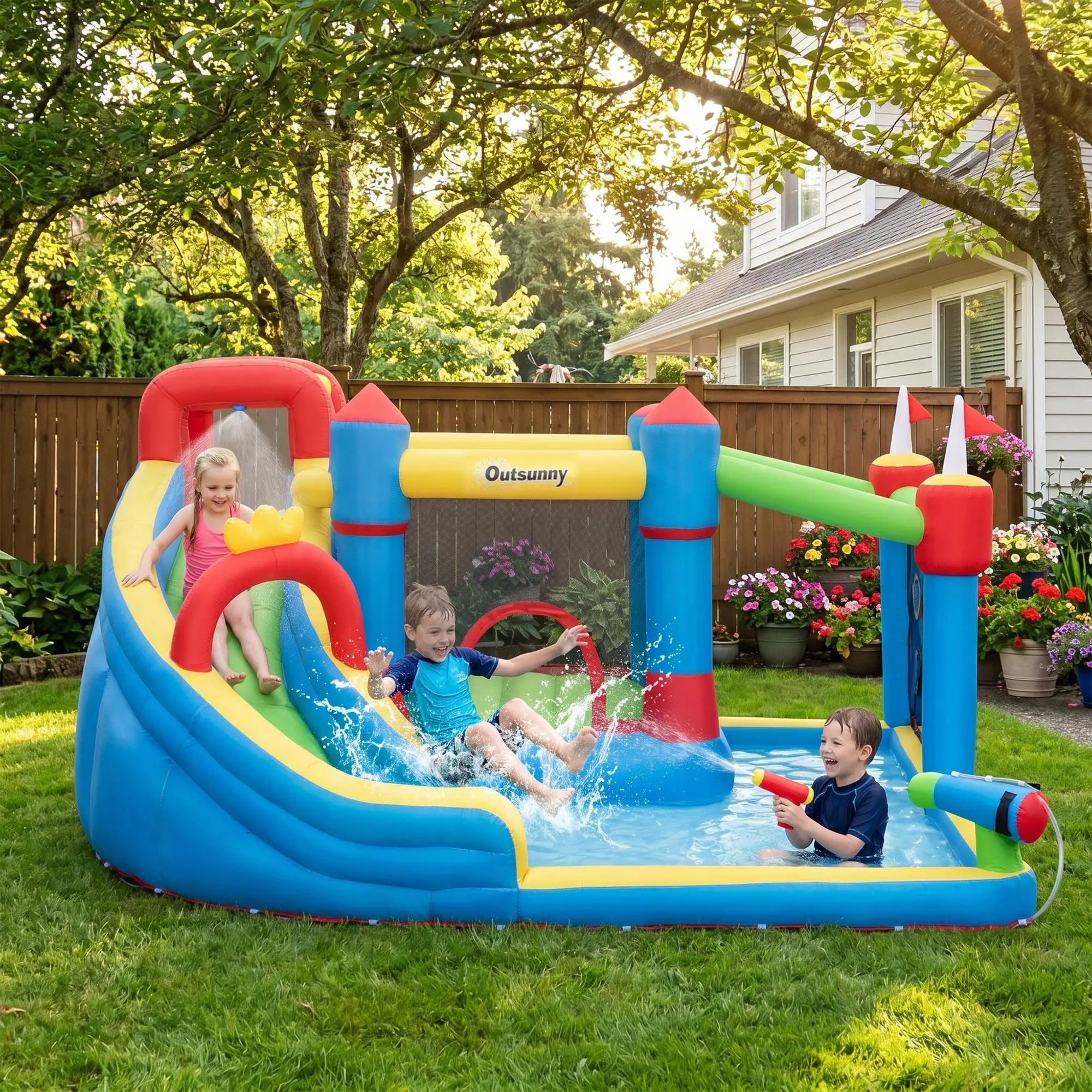 Oxford bouncy castle with Slide & jump system, 390x300x197cm, 450W pumps incl. Water ball, for 3 children