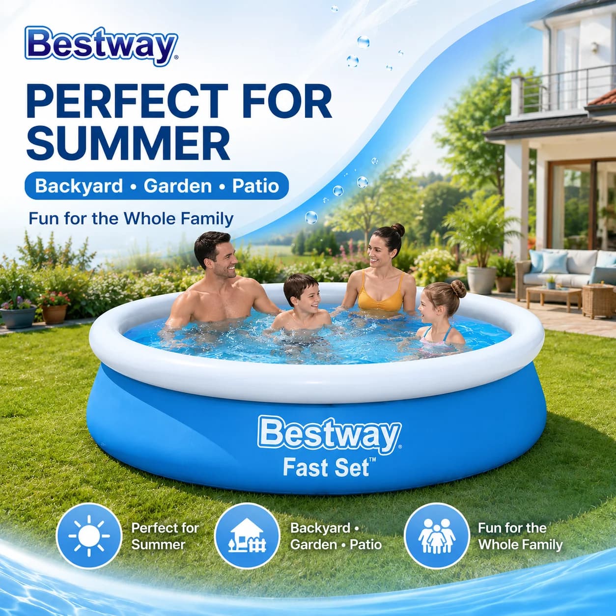Bestway Fast Set Inflatable Pool 305x66cm 3200L Round Family Swimming Pool with Filter Pump Outdoor Garden Summer Pool