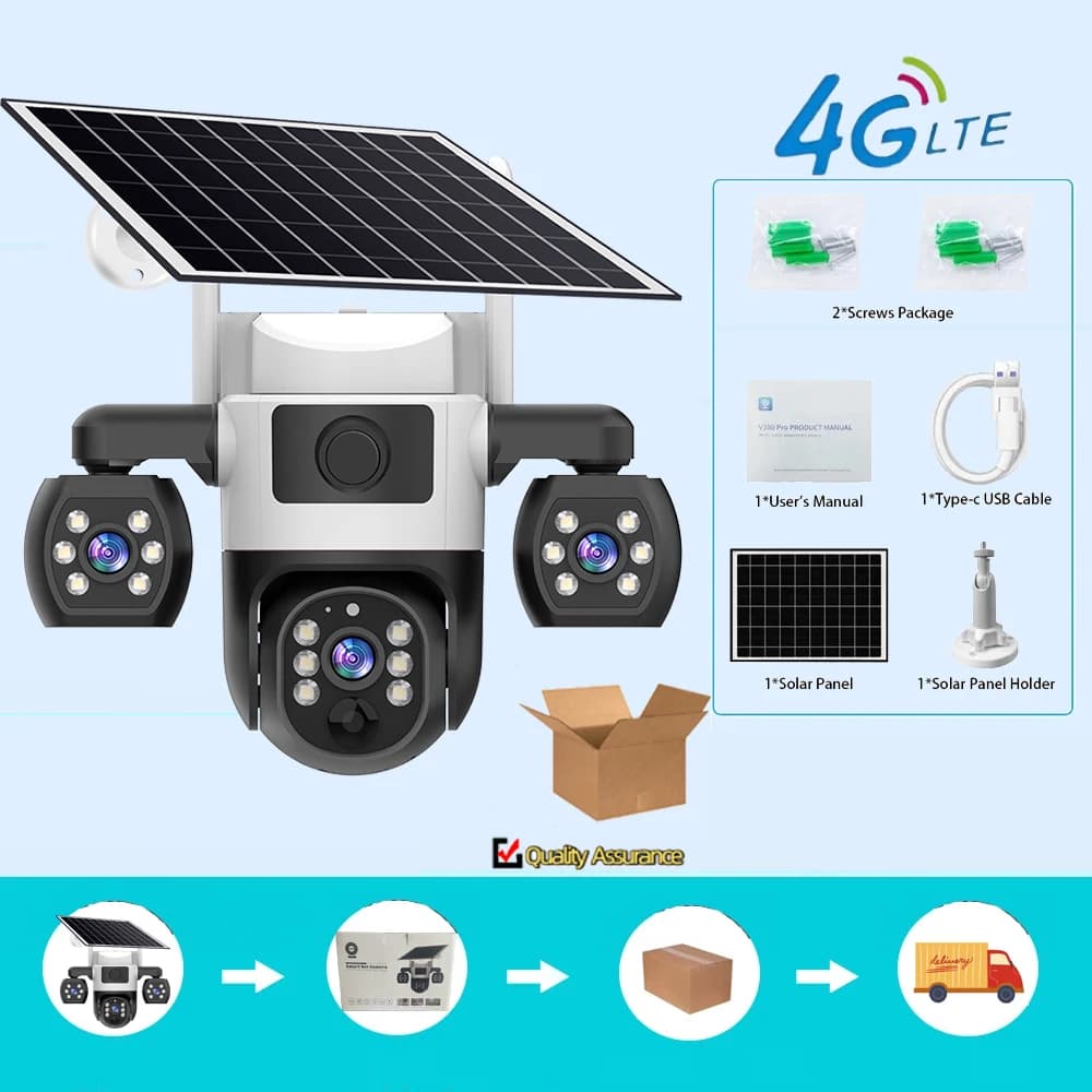 4G Solar Cameras Outdoor Security CCTV Camera Triple Lens Multi-Screen PTZ Dome Cam 4G SIM Wireless Color Night Vision PIR Motion Detection IP66 Waterproof Fast Delivery Poland Local Warehouse