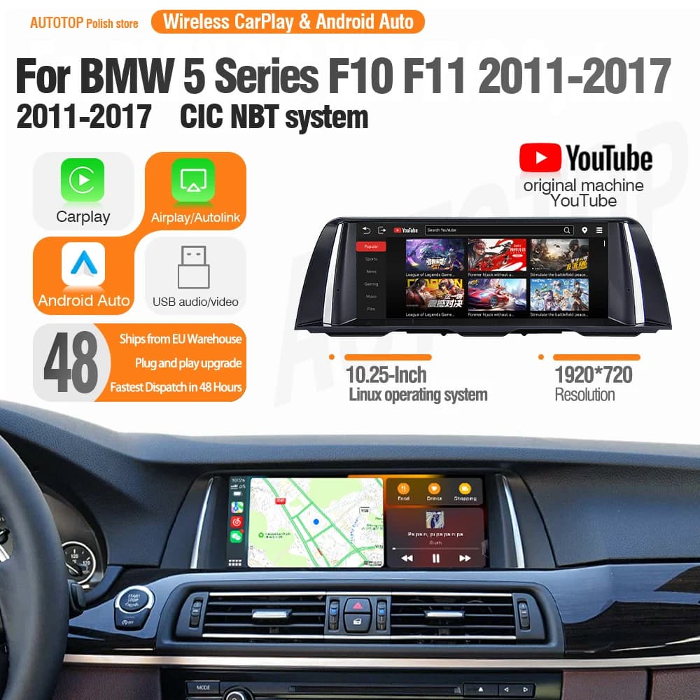 AUTOTOP 10.25" Touch Screen Car Radio Multimedia For BMW 5 Series F10 F11 2011-2017 with Wireless CarPlay Android Auto YouTube