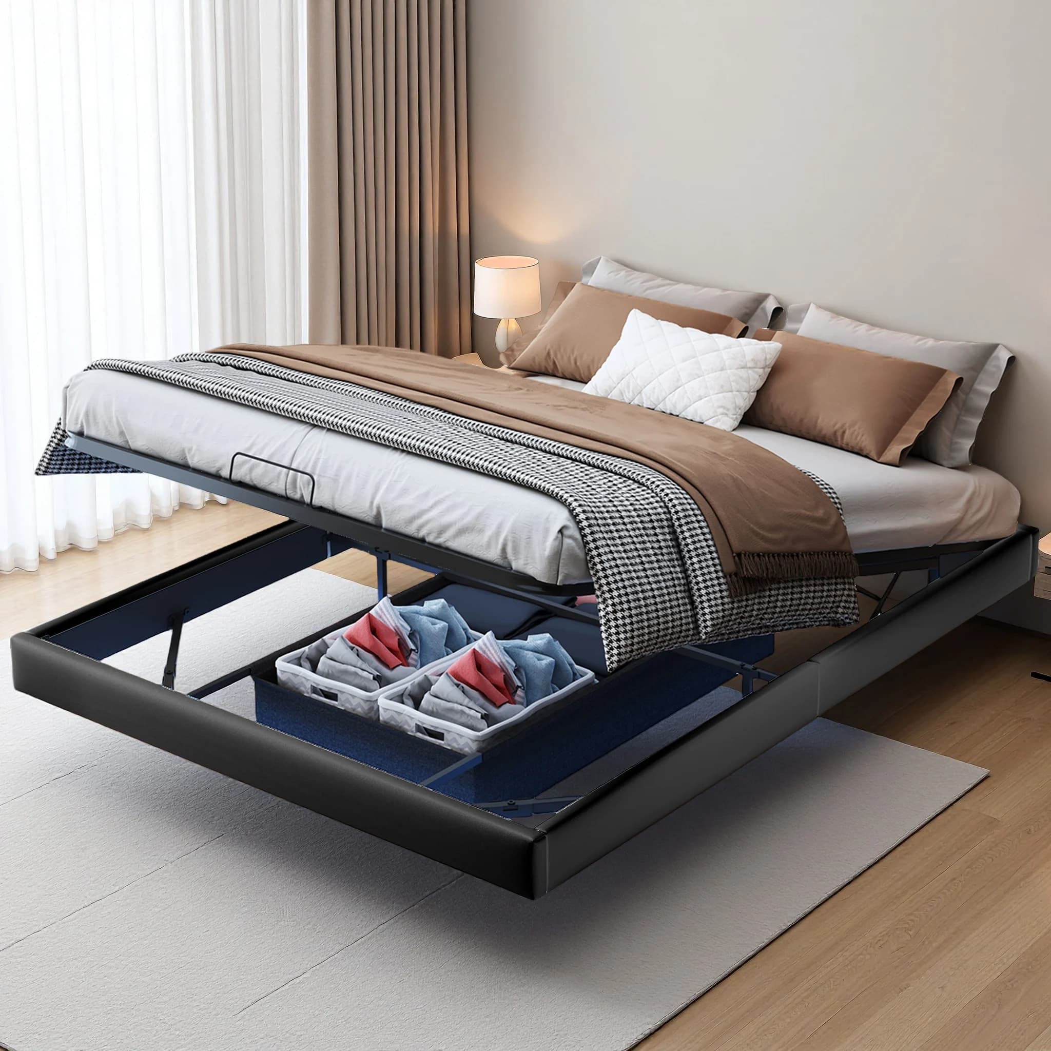 Comanlai Floating Double Bed Frame 160x200cm, Storage Bed with Hydraulic System & PU Upholstery, Modern Bedroom Bed No Headboard with Wooden Slat Frame and Storage Box