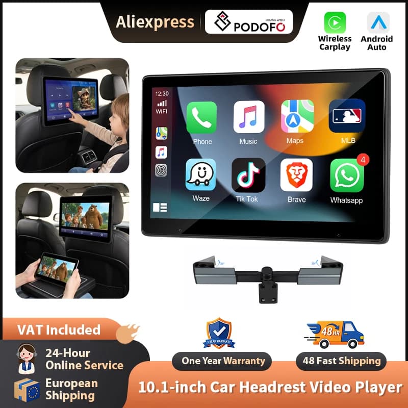 Podofo 10.1-inch Wireless CarPlay Android Auto Car Headrest Video Player Superlink Touchscreen Monitors IPS Screen Video Recorder Dashboard Car Screen Video Recorder Support SD Card Online Video