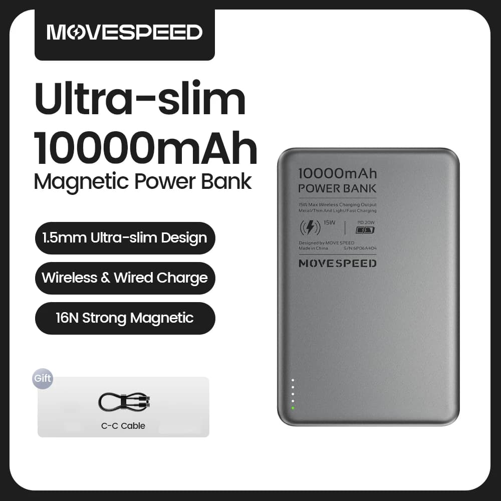 MOVESPEED S10 Slim Magnetic Power Bank 10000mAh PD20W Portable Charger Wireless External Battery for iPhone 16 Samsung Powerbank