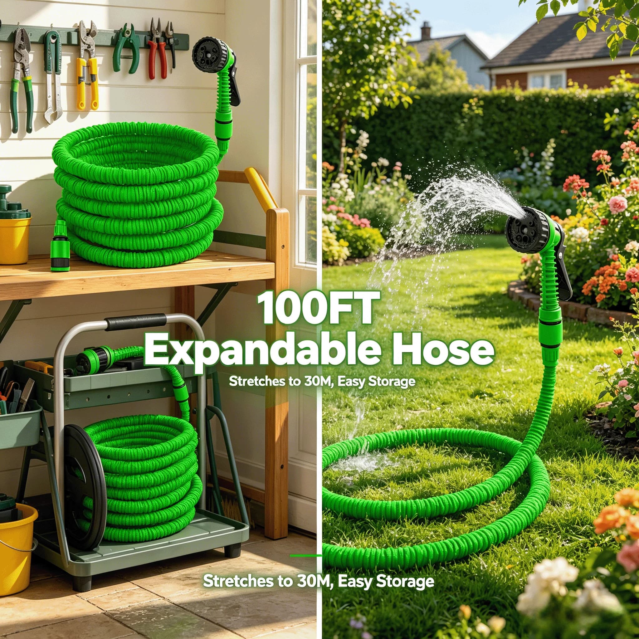 100FT Green Expandable Garden Hose 6 Spray Mode Flexible Retractable Water Pipe