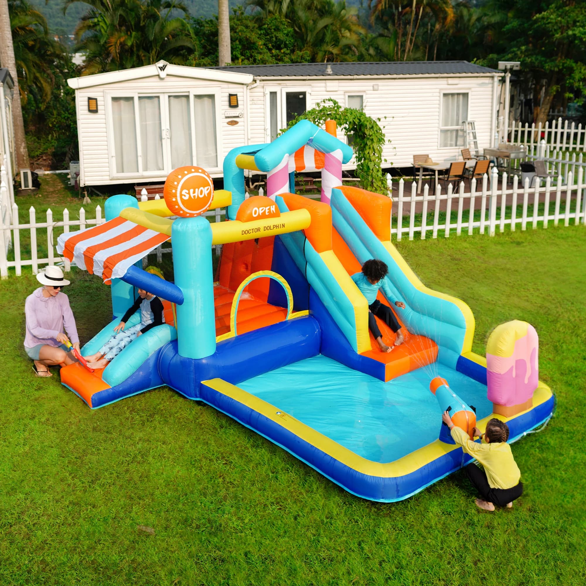 Kids Inflatable Water Park Bounce House, with Water Slide Pool, Outdoor Garden Water Playground Castle, Included Blower, Inflatable Size 433*375*165cm