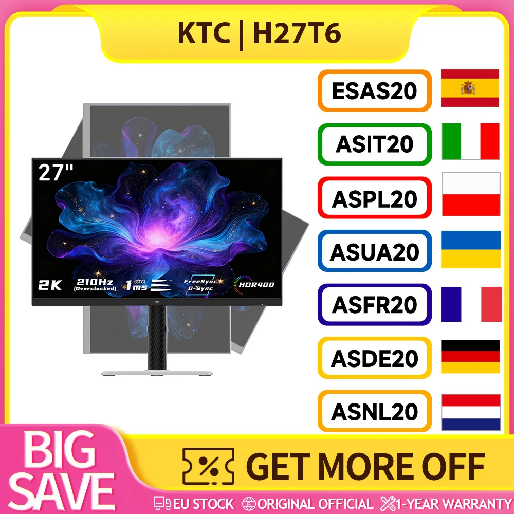 KTC H27T6 Flat, 27 Inches, Fast IPS, QHD High Resolution, 2560 * 1440, 200Hz Overdrive to 210Hz, 1ms GTG Response Time, Advanced Adaptive Sync & HDR400 Supported,  Ergonomic Comfort & Eye Care, Versatile Connectivity & Sleek Design, 450 cd/㎡ Brightness