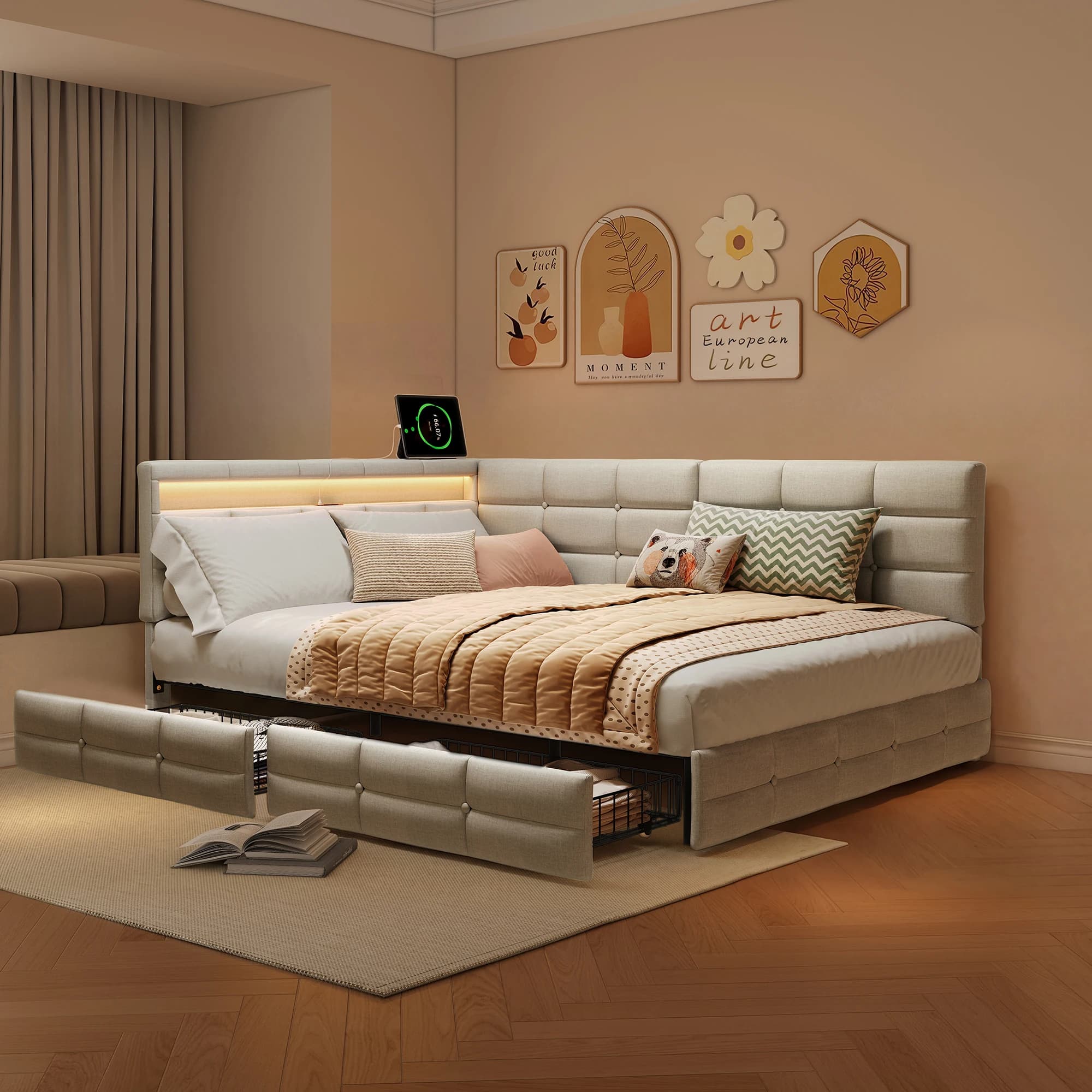 Comanlai L-Shaped Sofa Bed,Single/Double Bed Frame,with 2 Drawers,LED Lights and USB Charging Station,Upholstered Day Bed