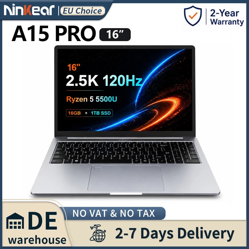 Ninkear A15 Pro Laptop AMD Ryzen 5 5500U 16GB RAM 1TB SSD 16 inch 2.5K 120Hz IPS Metal Body Windows 11 WiFi6 Fingerprint 65W Fast Charge Business Office Gaming Notebook