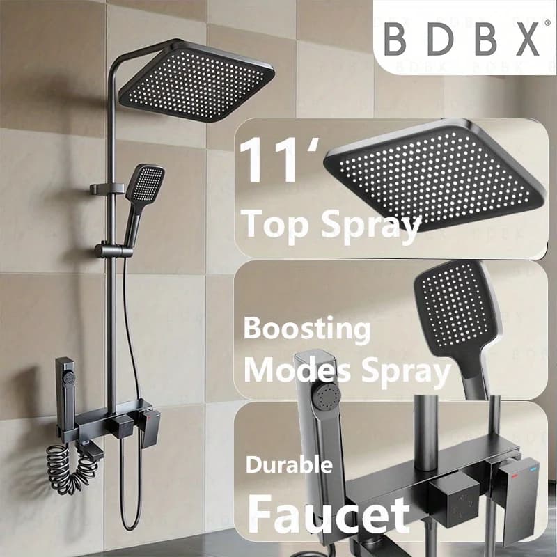 Large 11 Inch Square Rainfall Shower Head Set Matte Black Shower Faucet Handheld Shower Boost Spray Gun Bathroom Shower Kit