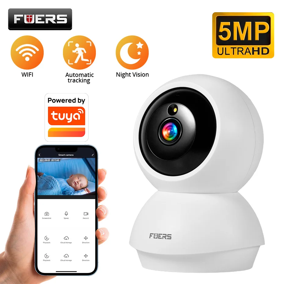 Fuers 5MP IP Camera Home  CCTV Security Indoor WiFi Wireless Surveillance works with Tuya Smart APP Auto Tracking Night Vision