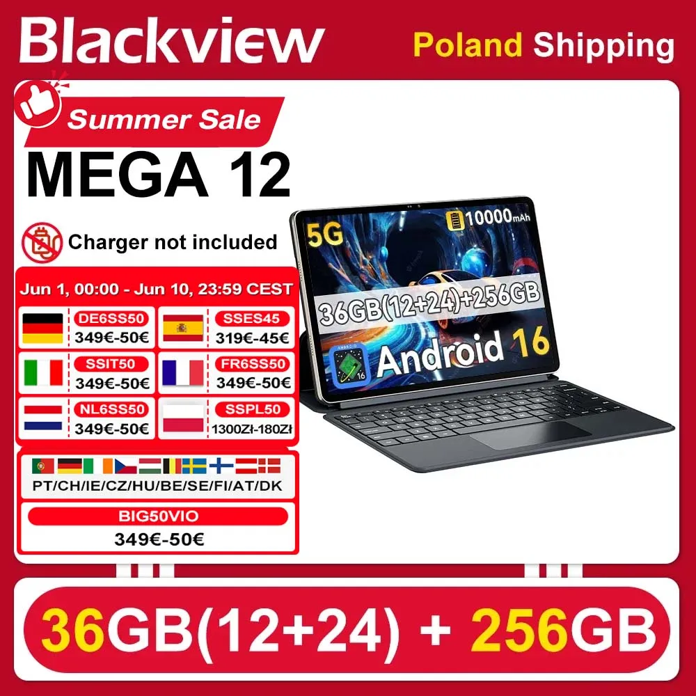 [Shipping From Poland] [No EU charger] Blackview MEGA 12 12GB+256GB Tablet 12.2" 2.4K 120Hz 50MP+13MP 10000mAh Battery 5G Pad PC