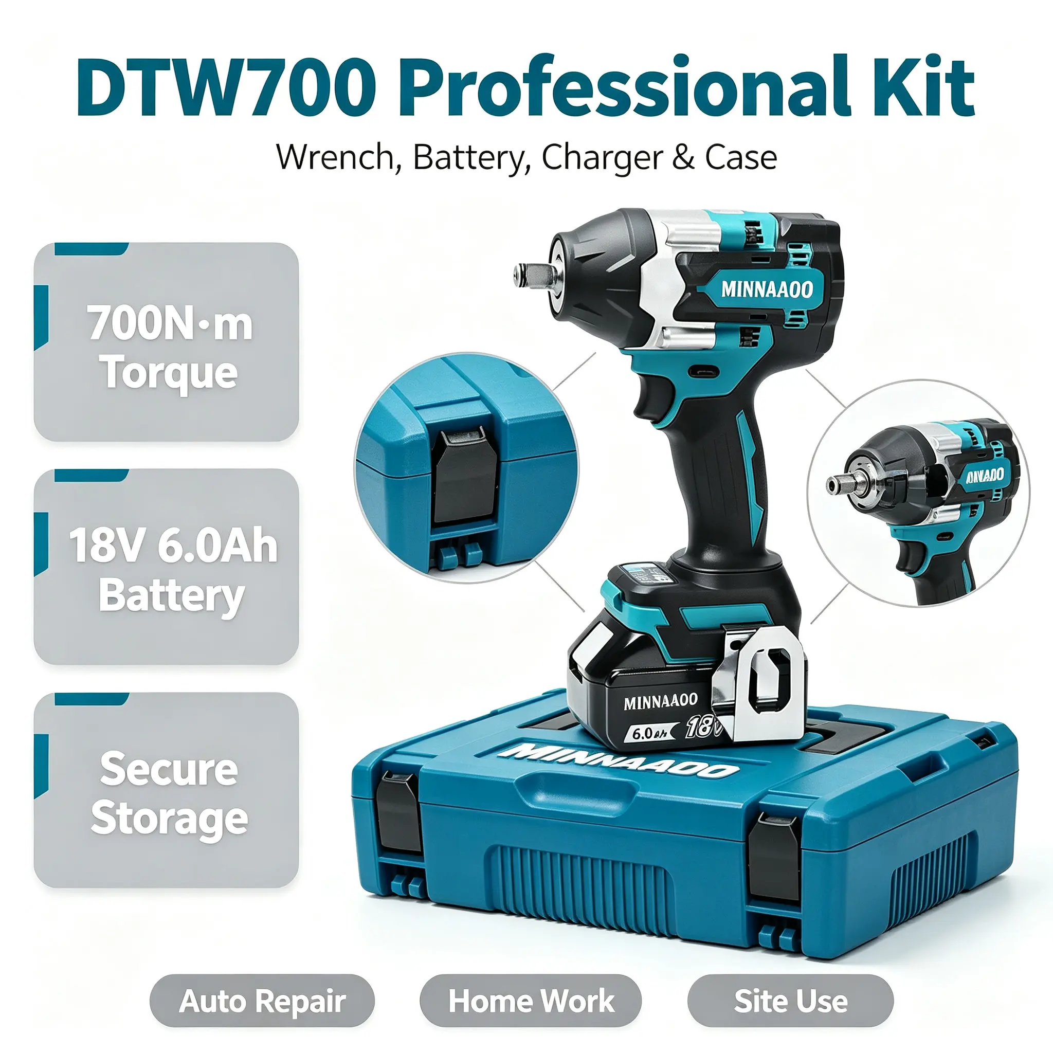 For Makita DTW700 Durable High Torque Cordless Wrench 18V Brushless Motor 1000Nm Variable Speed Auto Stop Efficient Working Tool With 18V 6Ah Battery