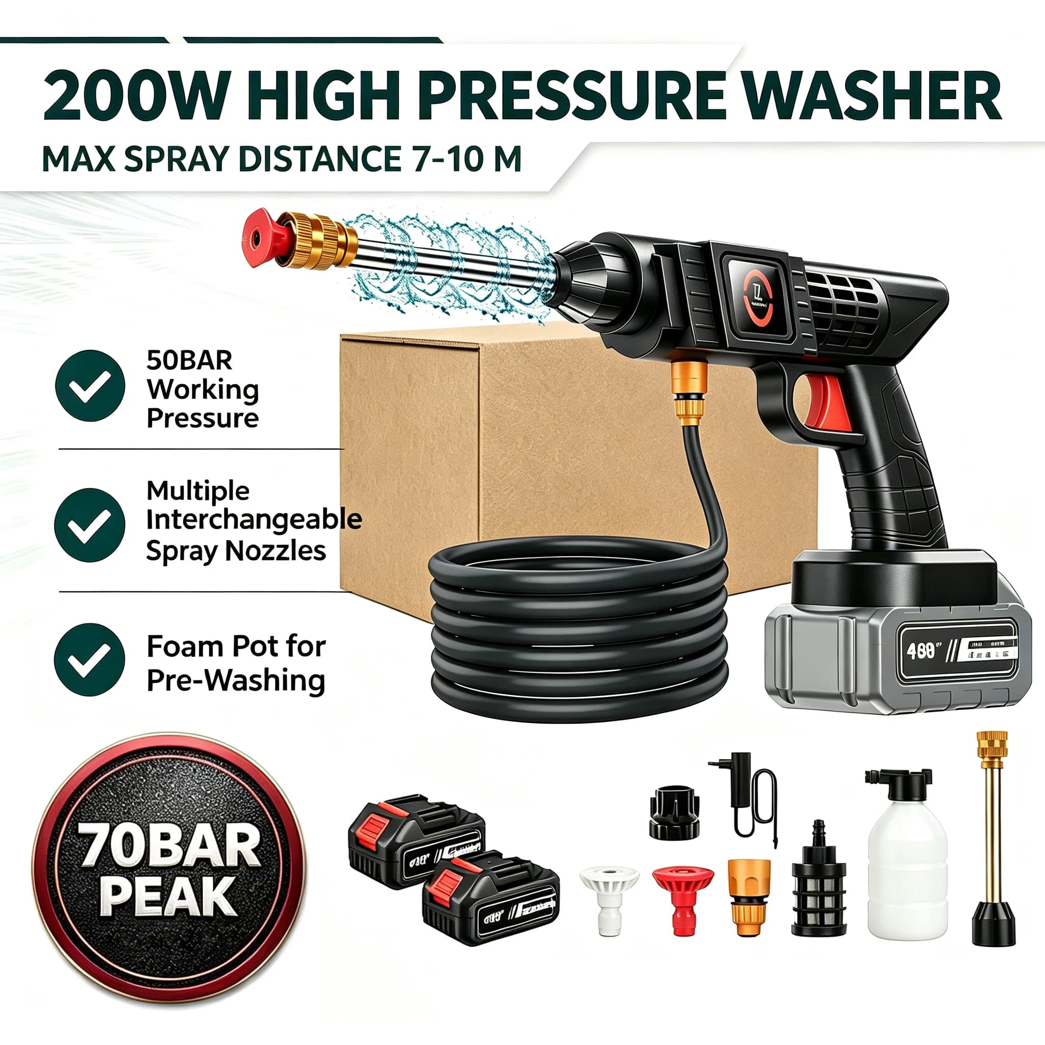 21V 200W Cordless High Pressure Washer Gun 0°/40° Multi Nozzles 70BAR Peak Portable Rechargeable Power Cleaner with Foam Bottle Self-Priming for Car Patio Garden Pet Cleaning