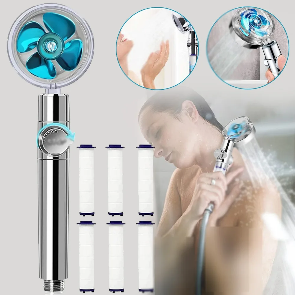 High Pressure Jet Shower Head, 360 Degree Rotating Water Saving with Stop Button and 6 Filters