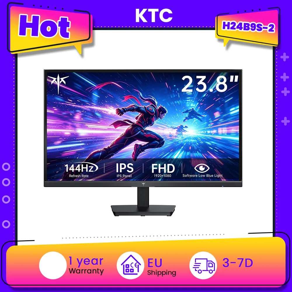 KTC H24B9S-2 144Hz Gaming Monitor, 23.8" FHD IPS Display, 178° Wide Viewing Angle, 113% sRGB, 16.7M Colors, Low Blue Light, 280 cd/m², HDMI & VGA, VESA 75x75mm Mount, Smooth Gaming & Daily Productivity