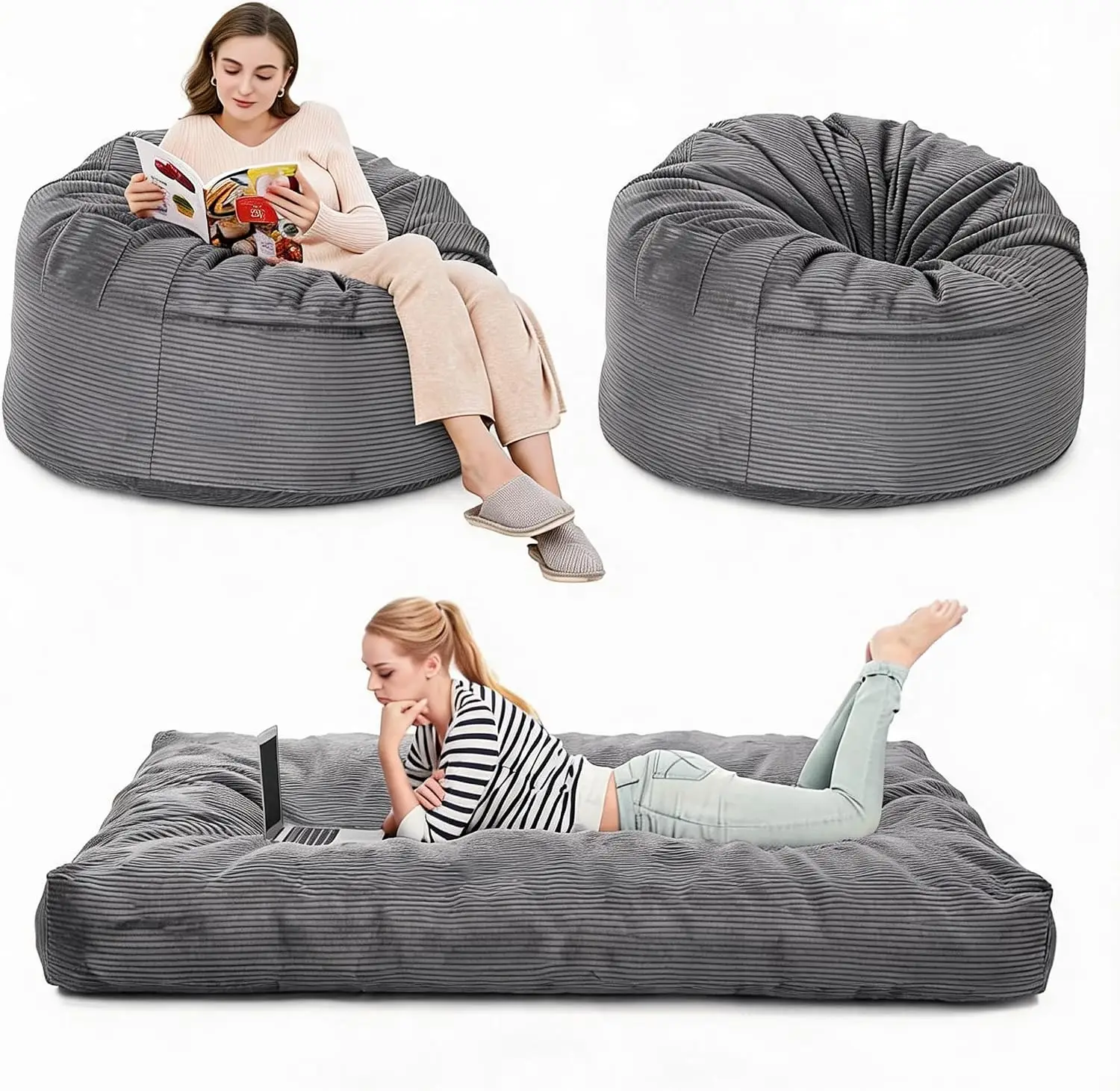 Garvee 2-in-1 Corduroy Bean Bag Chair Bed, Giant Convertible Lounger with Shredded Memory Foam, Folds into Full-Size Guest Mattress (190x135x25cm), Washable Cover & Side Pockets for Living Room & Dorm