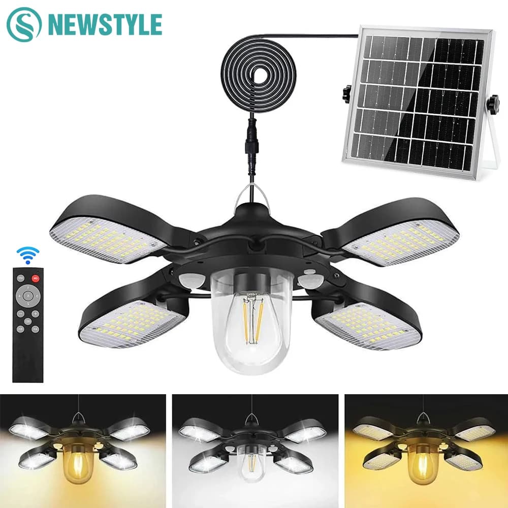 LED Solar Outdoor Indoor Pendant Lights with Motion Sensor Wireless Remote Control 5 Lighting Modes 3 Colors Adjustable IP65 Waterproof Timers Function Solar Energy Saving Security Lamp for Garage Shed Home Barn Shop Gazebo
