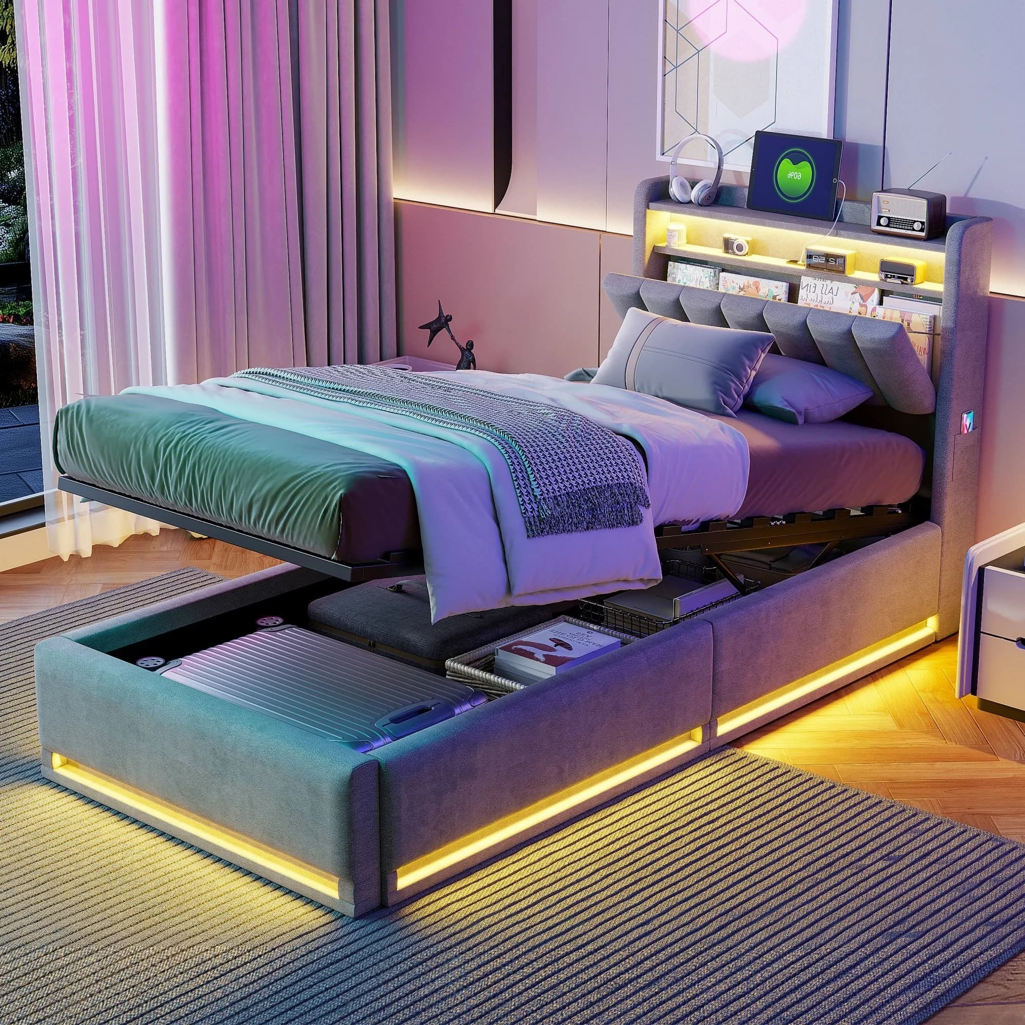 Rosahqnda Upholstery bed ,90x200cm, with LED and USB, open/closed storage space, single bed, slatted frame, velvet/linen fabric