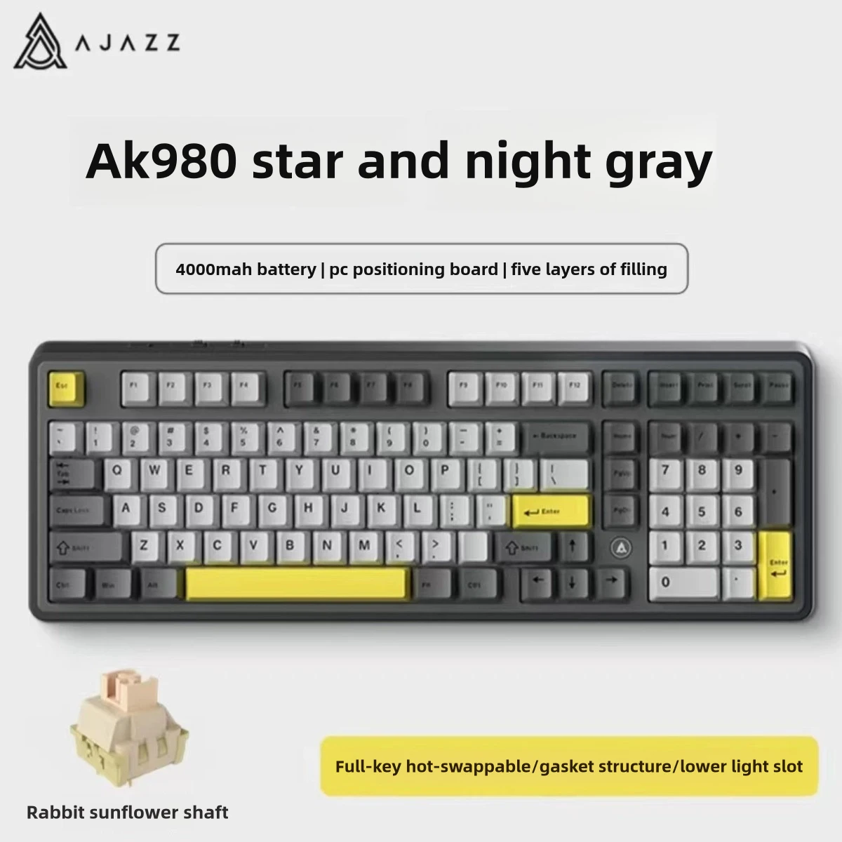 AJAZZ AK980 V2 Three-Mode Hot-Swappable Custom Wireless Mechanical Keyboard, Esports Gaming, Side-Lettered, Wired & Wireless for