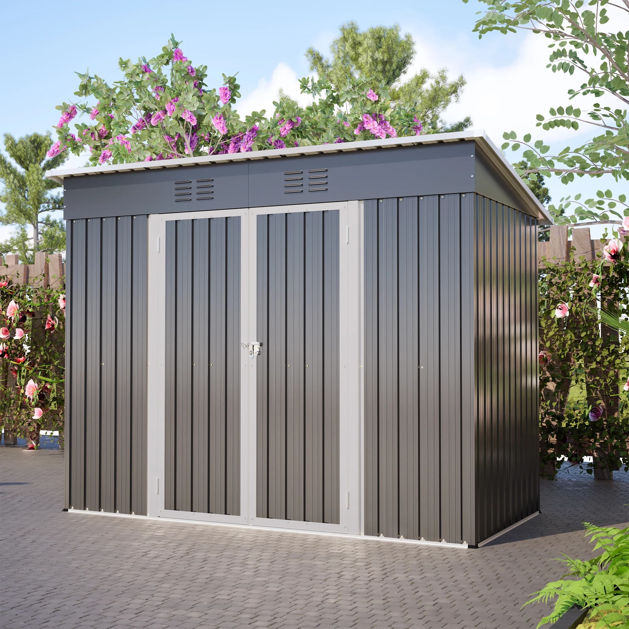 8*4ft Metal Equipment Shed with Gable Roof, Galvanized Steel Garden Shed, Weatherproof & Uv Resistant, Floor Base Anti-Moisture, 2 Ventilation Openings, for Lawn Mowers Bicycles Tools, Also as Pet House