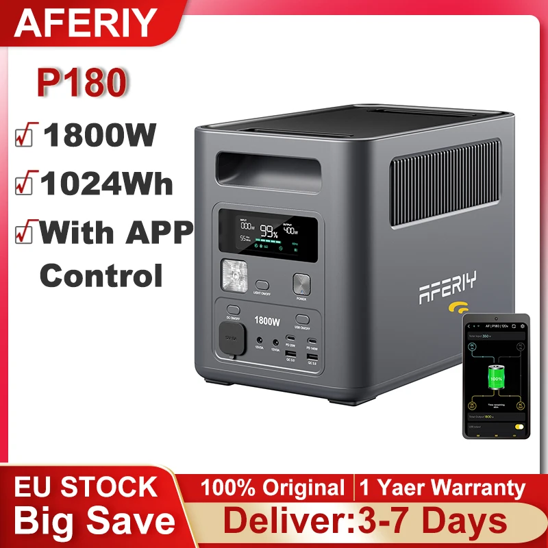 AFERIY P180 Portable Power Station 1800W 1024Wh LiFePO4 Battery Solar Generator Household Outdoor Camping Mobile Power Supply
